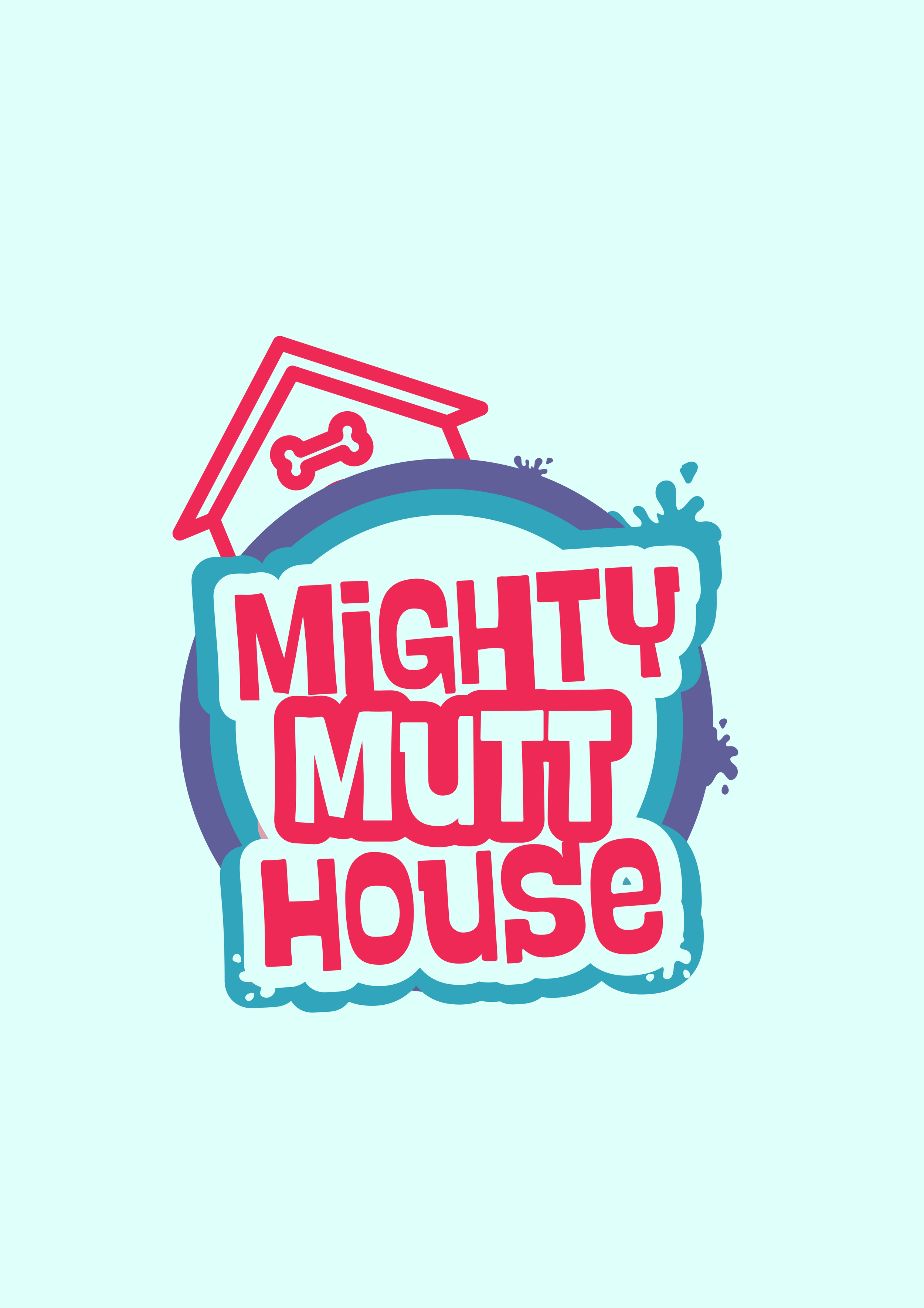 Colorful logo for 'Mighty Mutt House' featuring a doghouse with a bone symbol and stylized text on a light background.