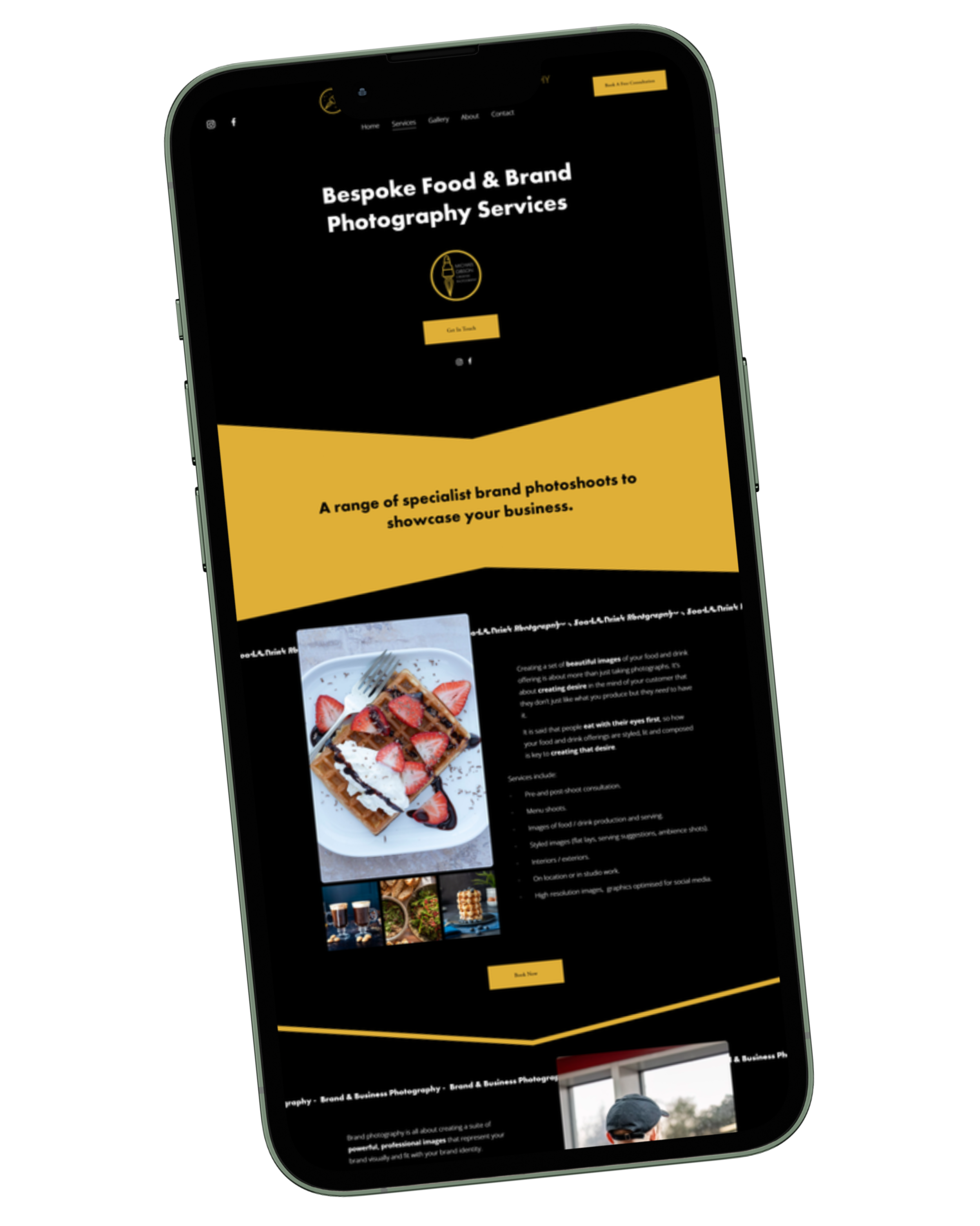 A smartphone displaying a website for a photography service called Bespoke Food & Brand Photography Services. The website features a black and yellow color scheme, with text about brand photoshoots and images of food on a white plate, including waffles with strawberries and whipped cream.