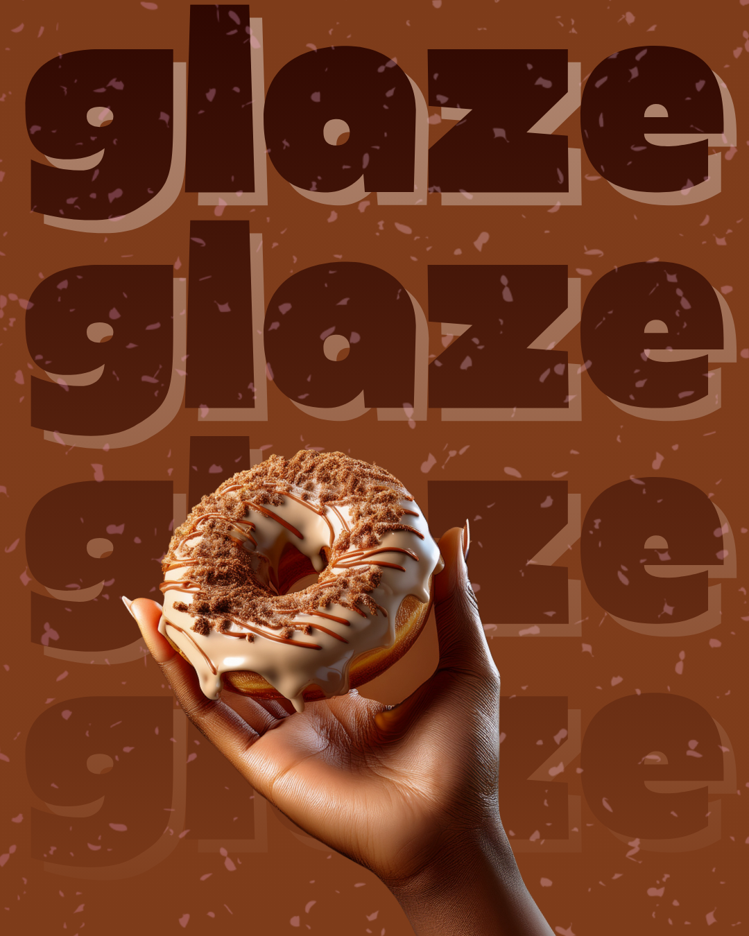 A hand holding a donut with white icing, chocolate drizzle, and cookie crumbles, with a chocolate background featuring the word 'gelato' repeated.