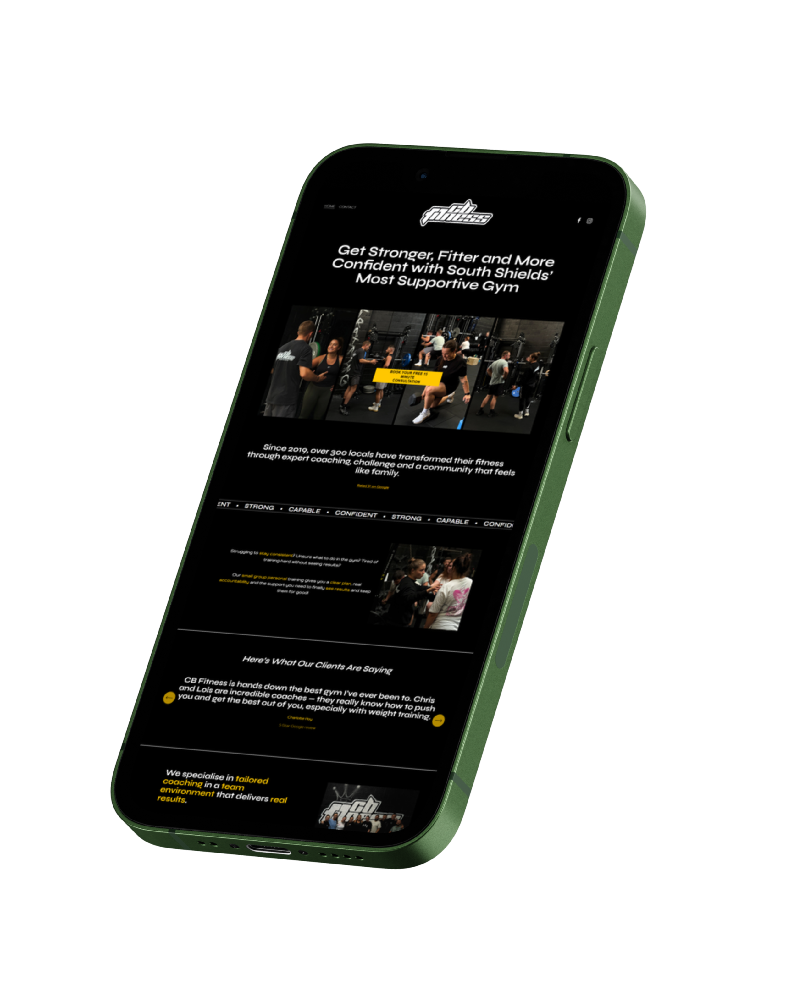 A smartphone displaying a fitness gym website with images of people working out and testimonials.