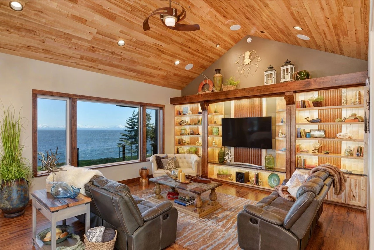 Coastal great room, vaulted cedar ceiling, ocean view, leather recliners - Montana interior design, Designer Interiors