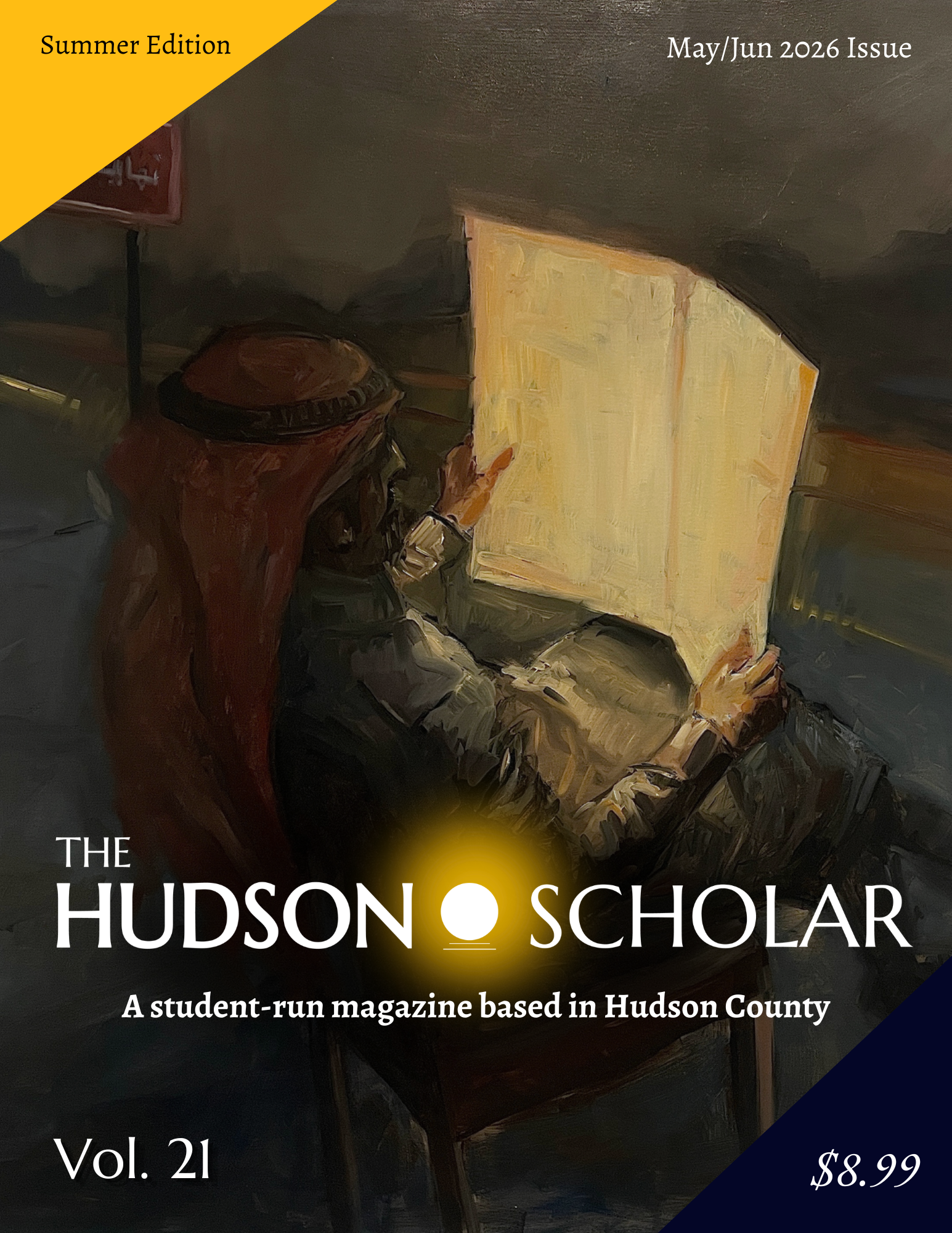 May/Jun 2026 Issue, Volume 21 of The Hudson Scholar. Artwork of Man With Book by Aziz Arafah.