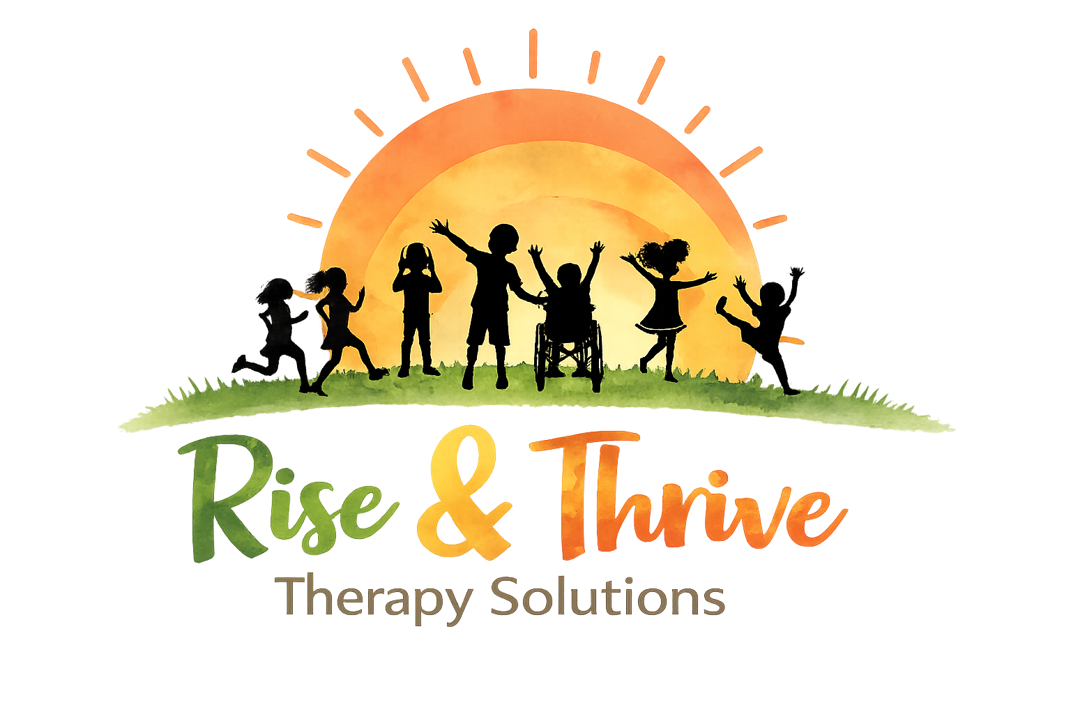 Rise & Thrive Therapy Solutions Logo. Children playing together with a sun rising in the background.