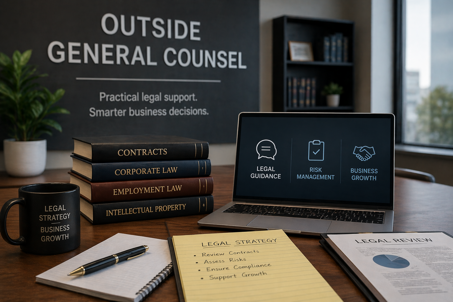 Legal workspace with legal books, a laptop displaying legal guidance, a notepad with legal strategy notes, a printed legal review, a coffee mug labeled 'Legal Strategy Business Growth', and a large sign reading 'Outside General Counsel' with the subtitle 'Practical legal support. Smarter business decisions.'
