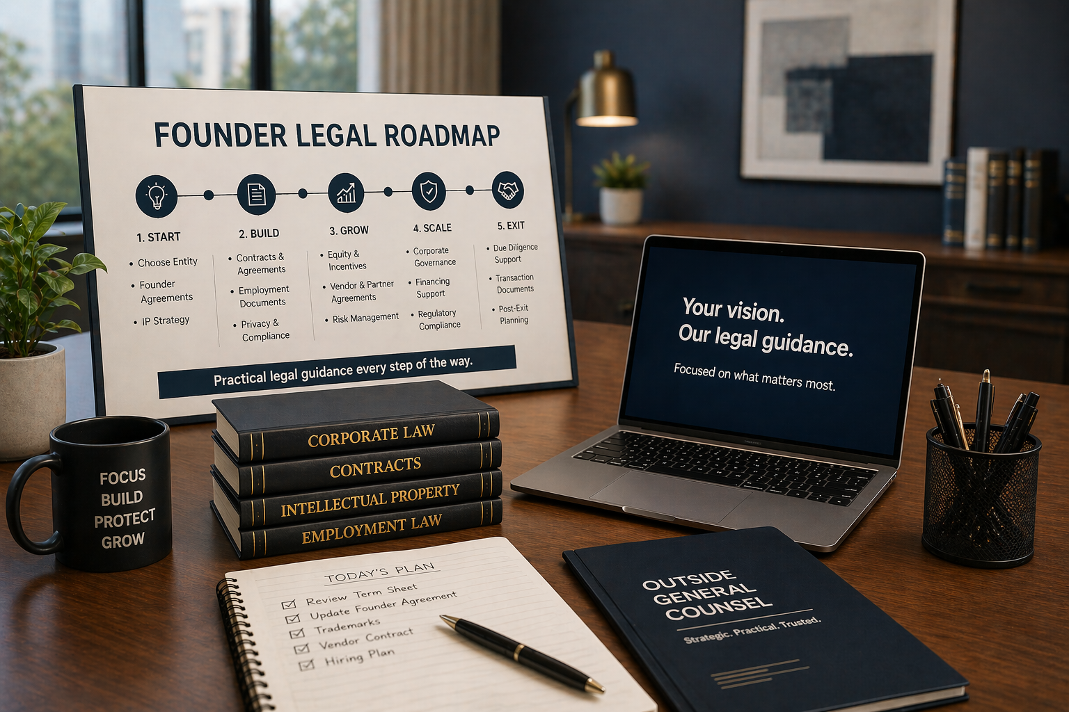 A business workspace with a laptop, legal books, a progress roadmap, a notebook, and office supplies on a wooden desk. The startup legal roadmap details steps from start to exit, with topics like entity choice, contracts, growth, and compliance.