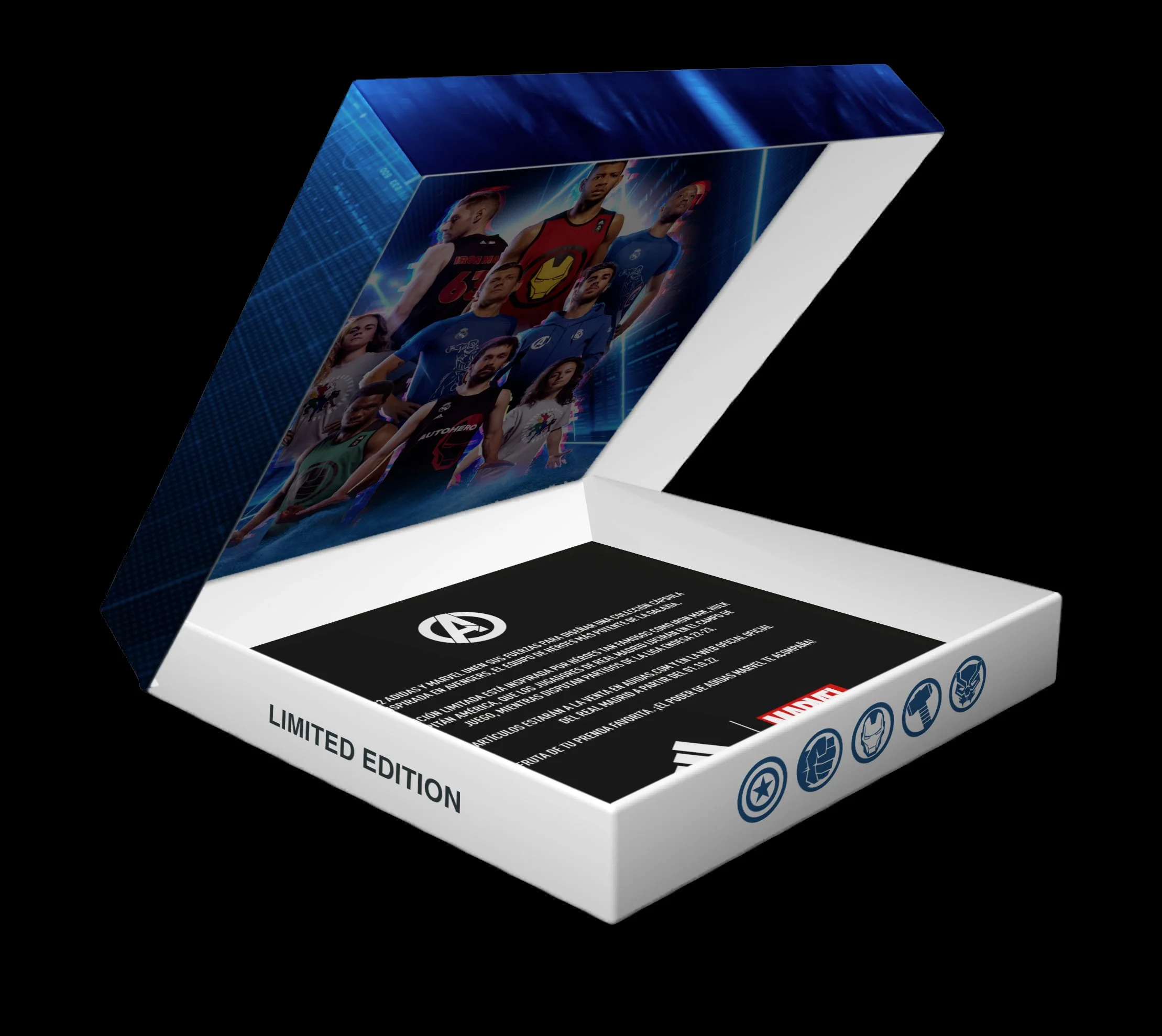 Caja de edición limitada 'Heroes Among Us' con logotipos de Adidas y Marvel con personajes de cómics o superhéroes en la parte superior, con símbolos de héroes en el borde lateral.