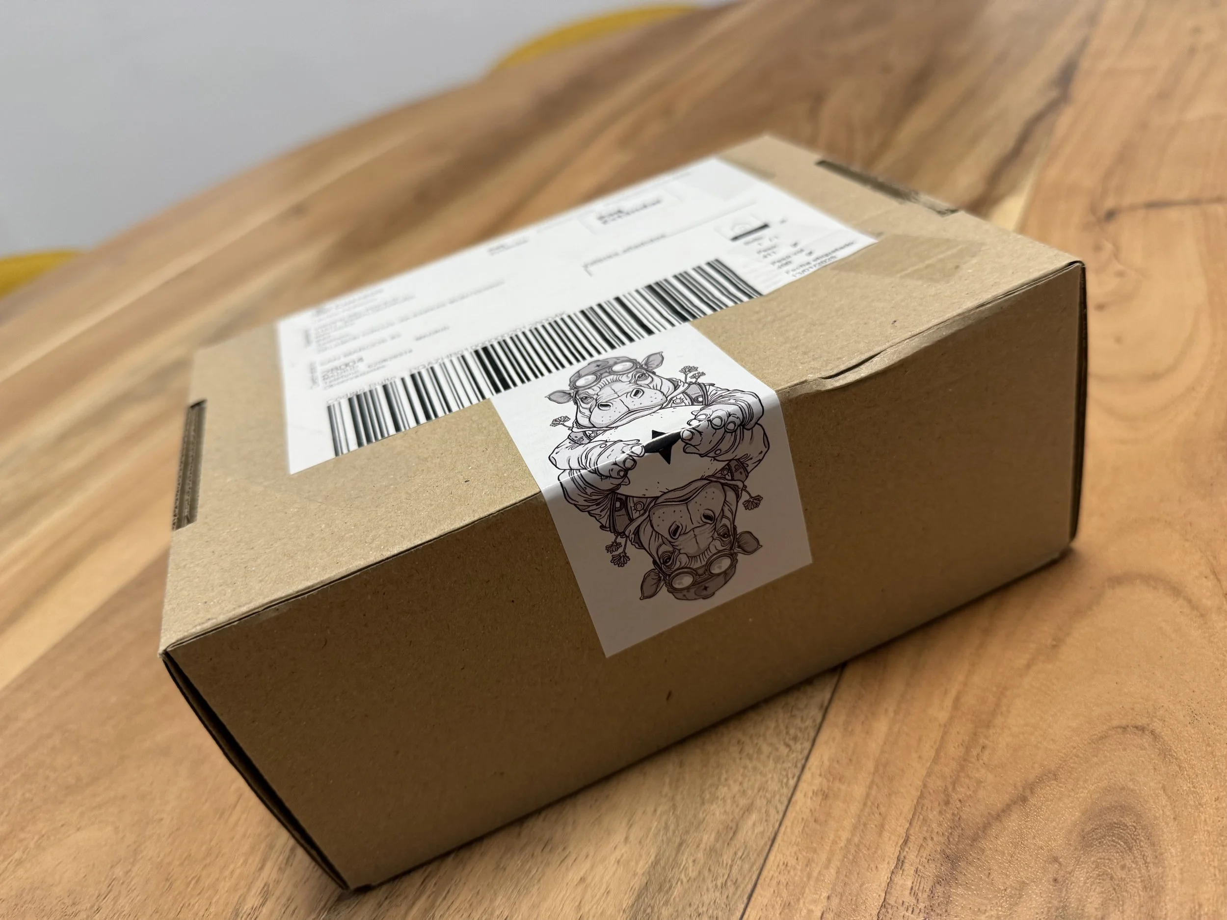 Caja de cartón con una etiqueta que muestra una ilustración de un toro con gafas y un dibujo del reflejo en un espejo para Ellie's Land