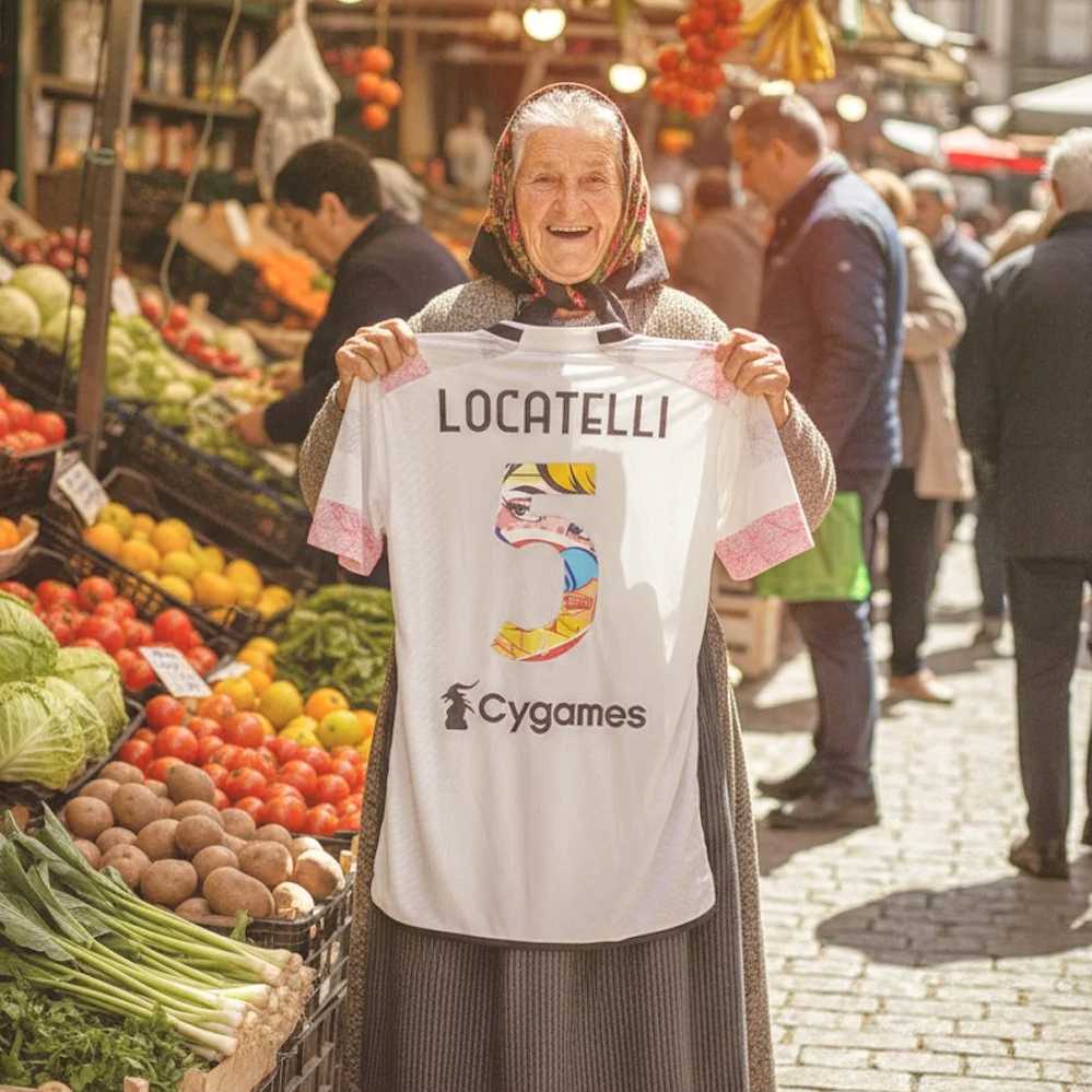 Anciana sonriente en mercado, sosteniendo camiseta de fútbol naranja con el nombre 'Bellingham' y el número 5, rodeada de puestos con frutas y verduras dorsales Real Madrid adidas