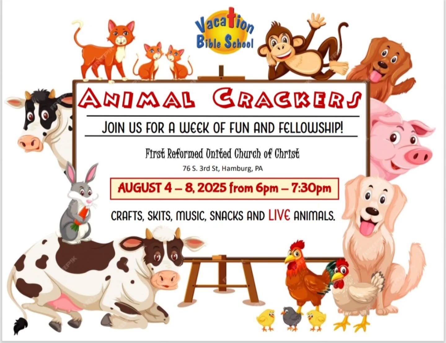 Animal Crackers Vacation Bible School (VBS) is right around the corner! VBS takes place August 4 - August 8, 2025 this year! Please click on the link below to register your child ahead of time or to find out more information on this awesome week of f