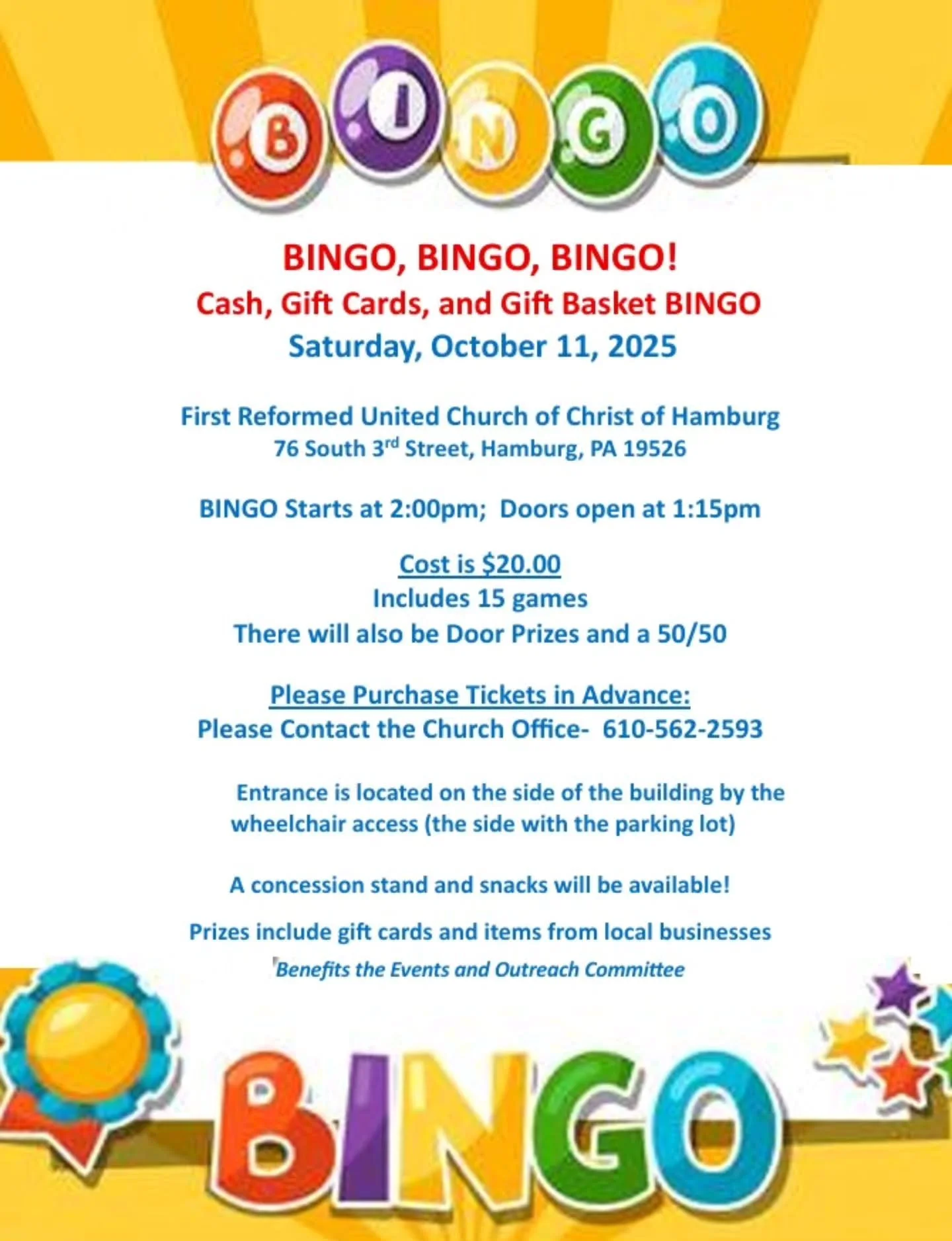 Did someone say BINGO!?!?! Please join us for an exciting afternoon of fun! BINGO starts at 2pm on Saturday, October 11th. We will be playing a total of 15 games. Please contact the church office if you would like to purchase tickets. Fun times had b