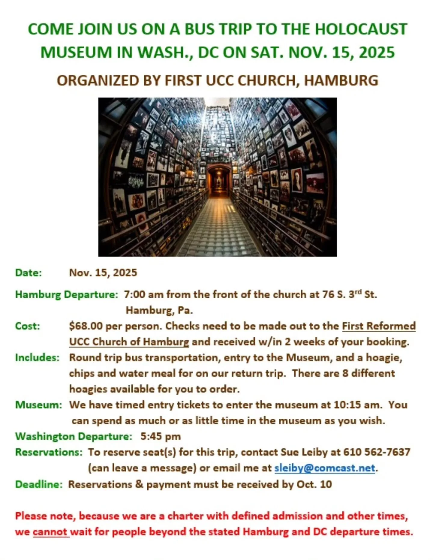 First UCC of Hamburg is pleased to invite you to join us on a bus trip to the Holocaust Museum in Washington, DC on Saturday, November 15, 2025. The deadline to reserve your spot is October 10th. We look forward to spending a meaningful yet fun day w