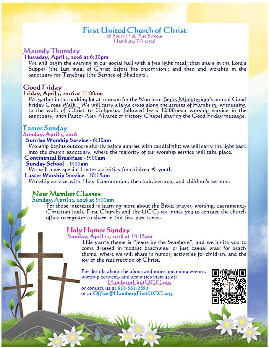 Holy Week, Easter, &amp; Holy Humor Sunday

Thursday, April 2
Maundy Thursday - 6:30pm

Friday, April 3
Good Friday - 11:00am

Sunday, April 5
Easter Sunrise Worship Service - 6:30am
Continental Breakfast - 9:00am
Youth Activities - 9:00am
Easter Wor