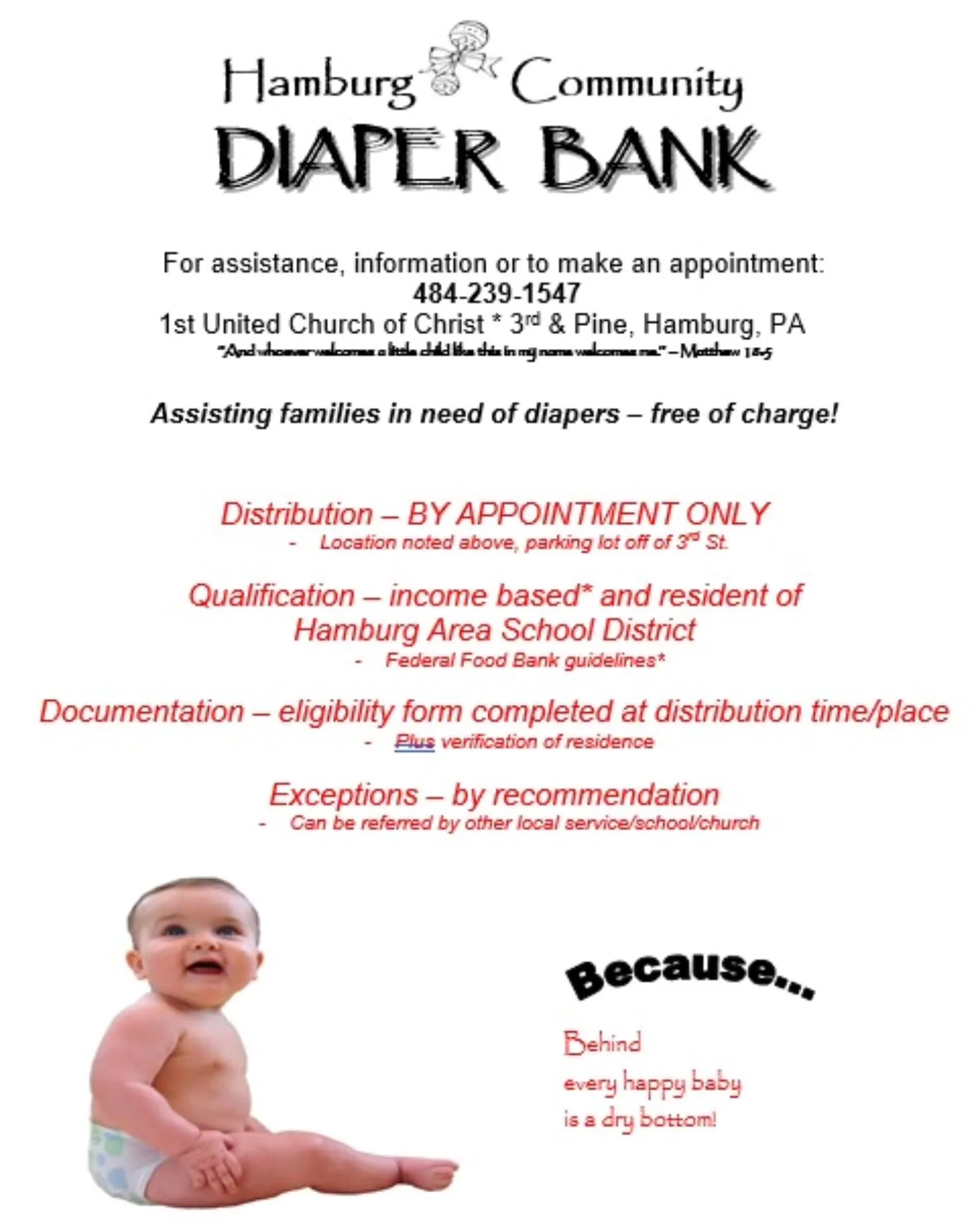 Our church is grateful to serve our community through our FREE Diaper Bank ministry. If your family is in need of diapers, we are here for you.
Please share this post with anyone you feel may benefit and help us get the word out!

#HamburgPA #Diapers