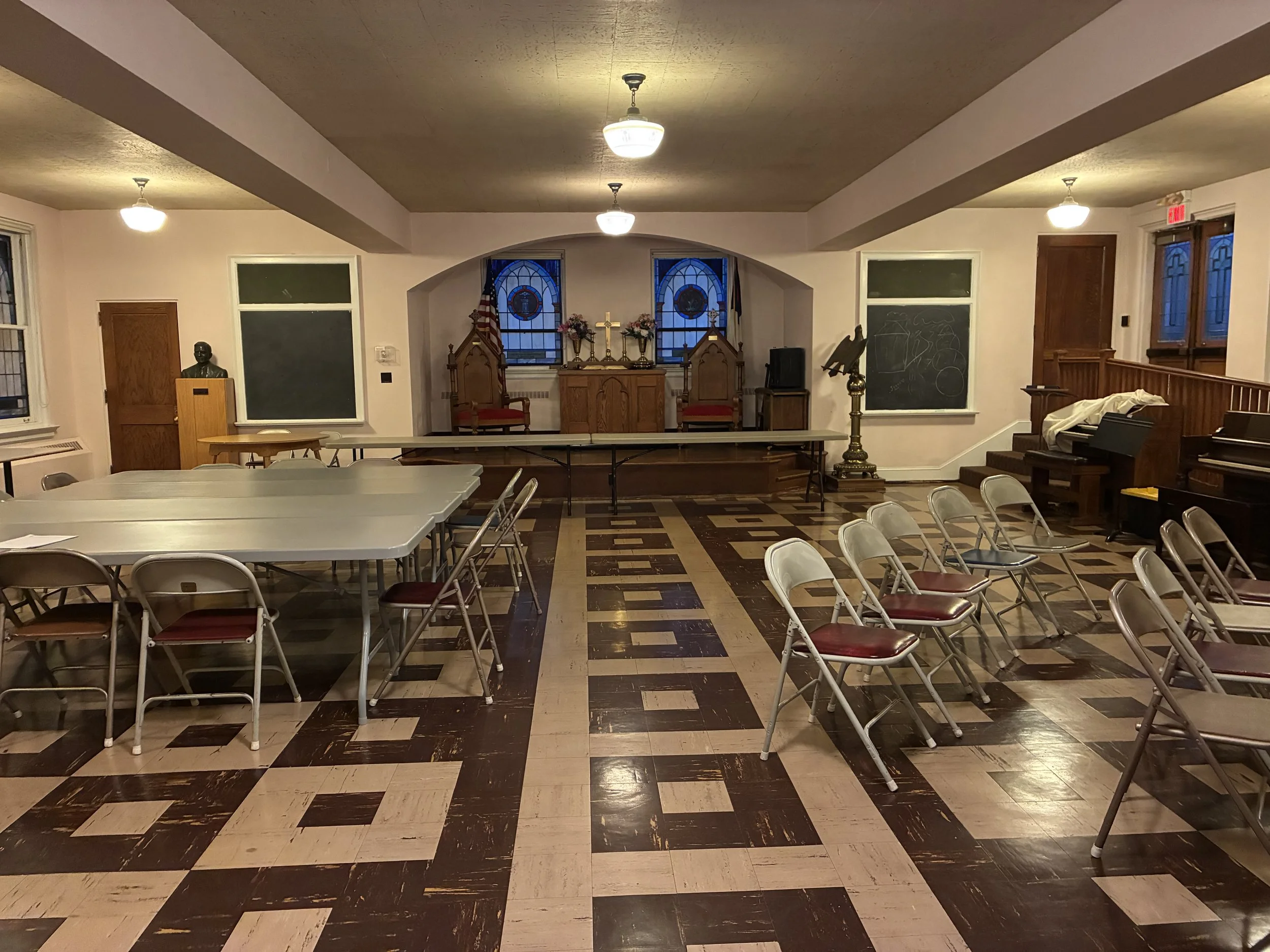 A wide view of Land Hall, First UCC's medium sized social hall