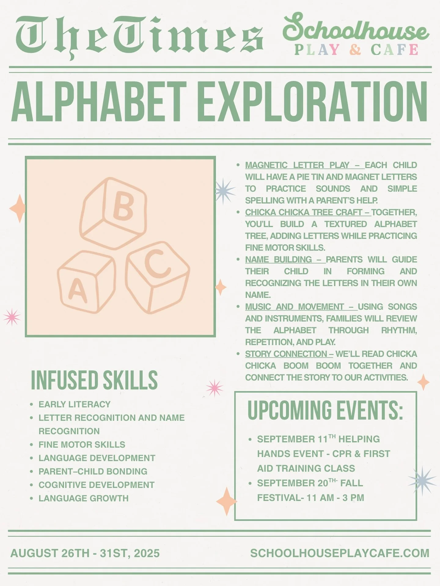 Chicka Chicka Boom Boom, will there be enough room?&rdquo;
Yes there is&mdash;and we can&rsquo;t wait to fill it with Alphabet fun!
This week our little learners will explore letters through songs, stories, crafts, and hands-on play. It&rsquo;s the p