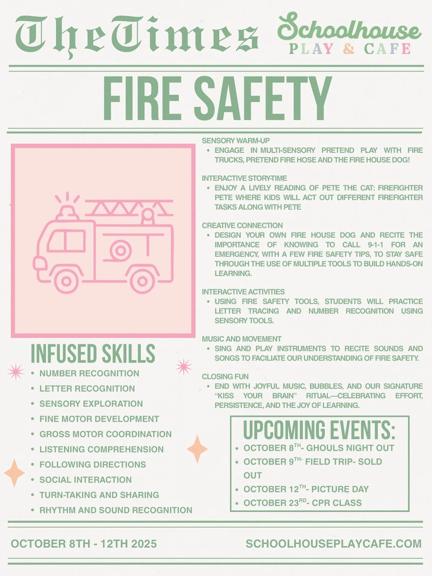 🔥 Fire Safety Week is here! 🔥
We&rsquo;re helping our little learners stay safe, confident, and prepared &mdash; all through play and hands-on fun! Parents, get ready to talk about firefighters, safety tools, and what to do in an emergency. 🚒✨
Cla