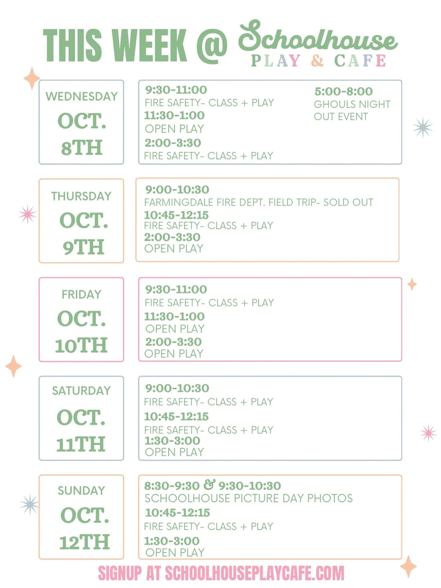 ☔️ With a rainy week and chilly temps finally here, it&rsquo;s the perfect time to cozy up at Schoolhouse Play &amp; Caf&eacute;! 🍂
✨ Check out our weekly schedule &mdash; there&rsquo;s still time to sign up for our educational play classes and open