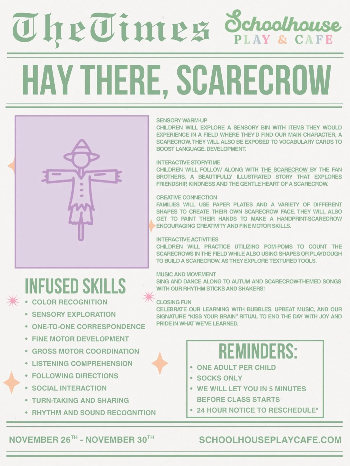 🍂 HAY THERE, SCARECROW! 🍂
We&rsquo;re so excited for another magical week at Schoolhouse Play &amp; Cafe! Our little learners will explore all things autumn through sensory play, storytelling, hands-on crafts, music, and movement &mdash; all inspir