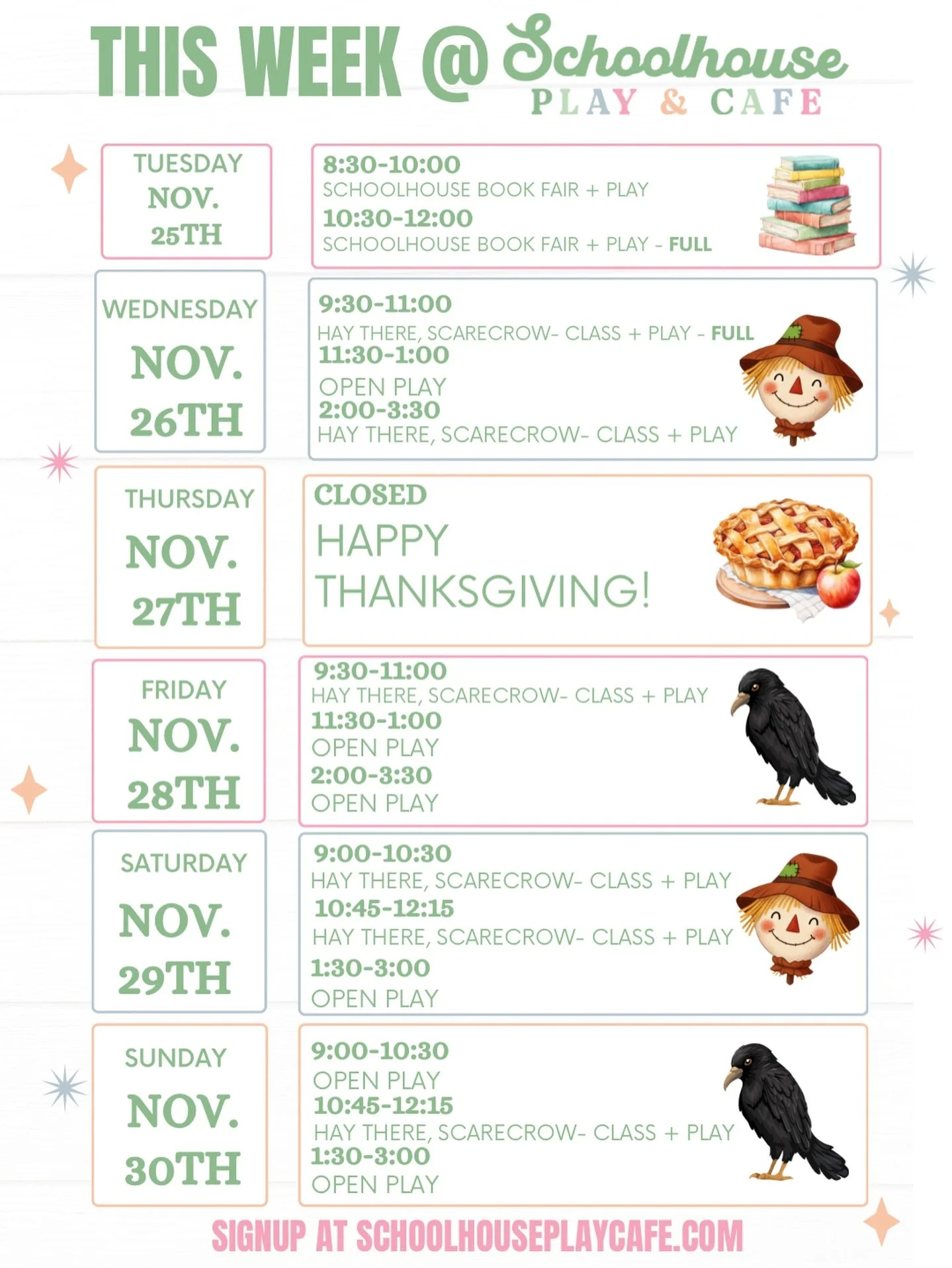 ✨ Another fun-filled week is here at Schoolhouse Play &amp; Caf&eacute;! ✨
From our Book Fair + Play to our adorable Hay There, Scarecrow classes and plenty of Open Play sessions, there&rsquo;s something magical happening every day. 🍂📚
We&rsquo;re 