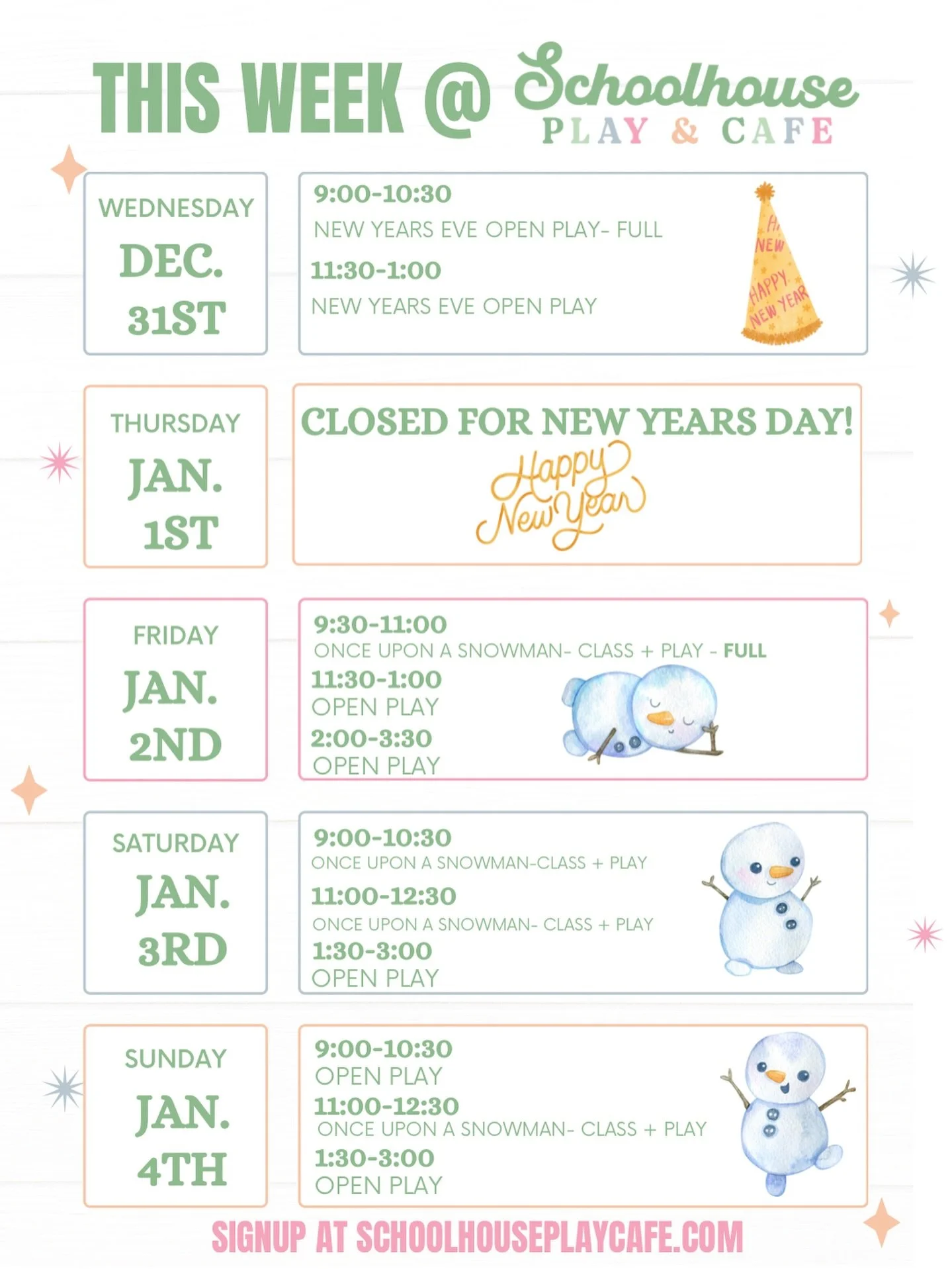 ✨ This Week @ Schoolhouse Play &amp; Caf&eacute; ✨
New year, new memories, new learning moments 💛
We&rsquo;re so grateful to kick off 2026 with you and your little ones! This week is full of cozy winter play, imaginative learning, and magical snowma