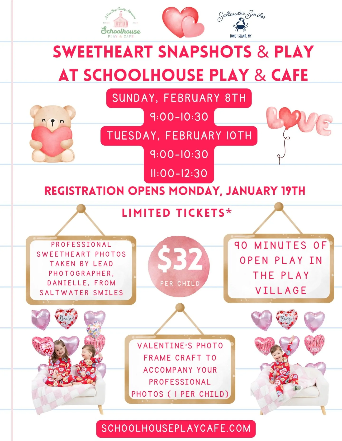Love, giggles, and little moments worth freezing in time &mdash; Sweetheart Snapshots &amp; Play is coming to Schoolhouse Play &amp; Caf&eacute;! Two dates, one adorable experience featuring 90 minutes of open play, professional Valentine&rsquo;s pho