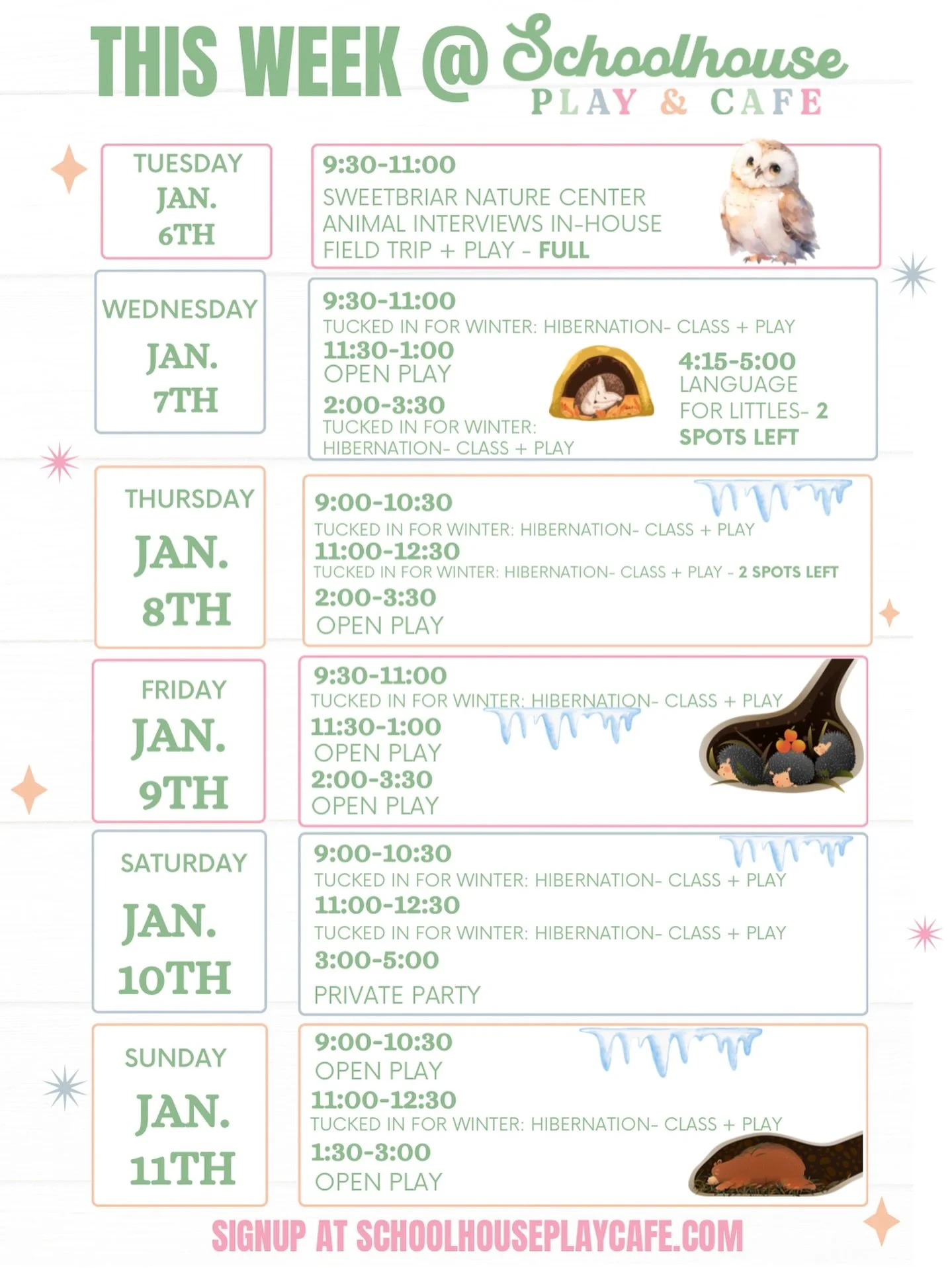 ✨ This Week @ Schoolhouse Play &amp; Caf&eacute; ✨❄️
We&rsquo;re getting cozy with winter learning in our Tucked In for Winter: Hibernation &ndash; Class + Play sessions 🐻💤 &mdash; exploring animal rest, sensory discovery, and imaginative play as w