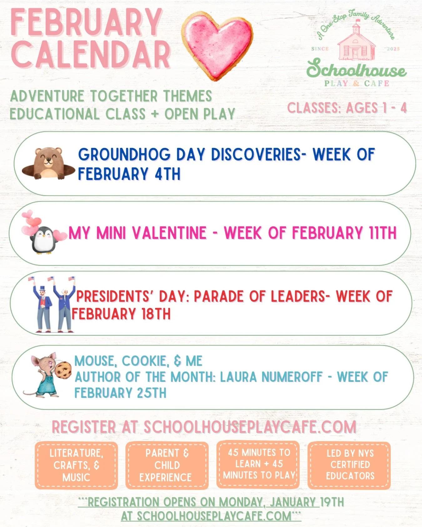 📅✨ February at Schoolhouse Play &amp; Caf&eacute; ✨📅
Our February schedule is full of playful learning, seasonal discoveries, and meaningful moments for little learners 💕
🌱 Groundhog Day Discoveries
💌 My Mini Valentine
🇺🇸 Presidents&rsquo; Day