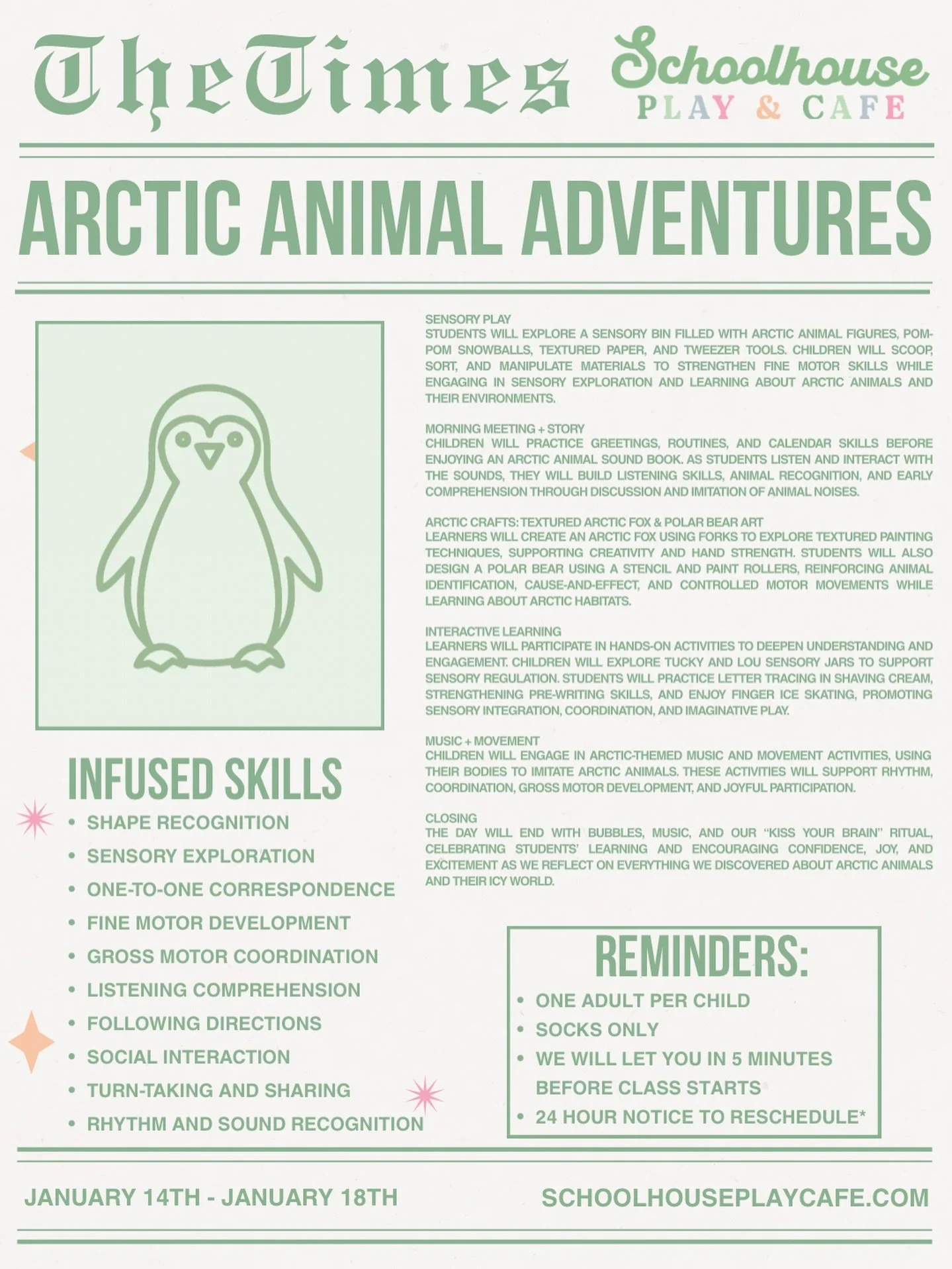 ❄️🐧 Arctic Animal Adventures are happening this weekend! 🐻&zwj;❄️❄️
Join us for a hands-on, play-based class where little learners explore the icy world of Arctic animals through sensory play, stories, crafts, music, and movement&mdash;all thoughtf