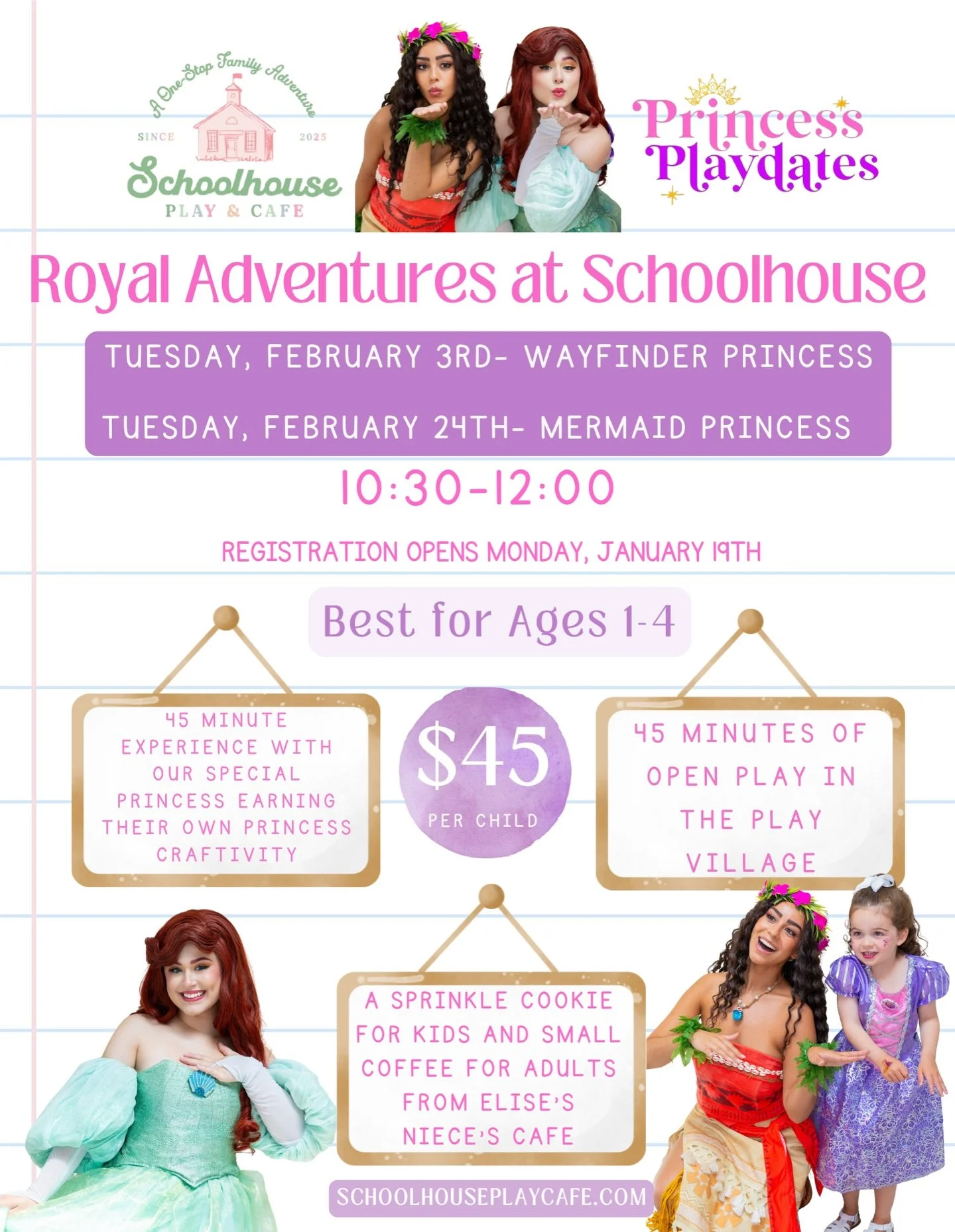 ✨👑 Royal Adventures await at Schoolhouse! 👑✨
Calling all little royals! Join us for Princess Playdates filled with imagination, creativity, and magical moments your child will never forget 💖
🗓 Tuesday, February 3rd &ndash; Wayfinder Princess
🗓 T