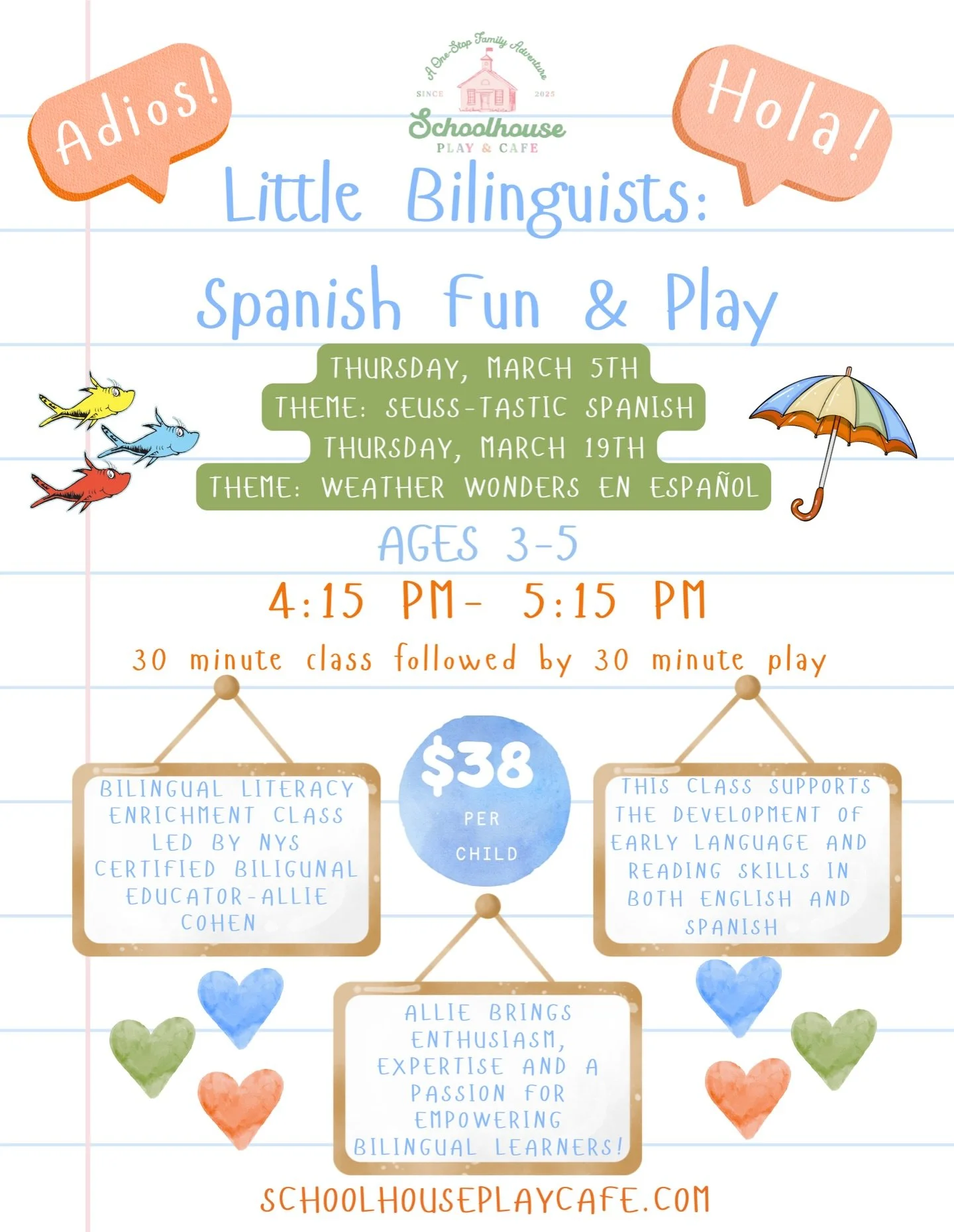 Adi&oacute;s 👋 Hola 🇪🇸 Our Little Bilinguists: Spanish Fun &amp; Play is back this March and we cannot wait!
Join us for a bilingual literacy enrichment experience designed especially for ages 3&ndash;5 💛

📅 Thursday, March 5th
Theme: Seuss-tast