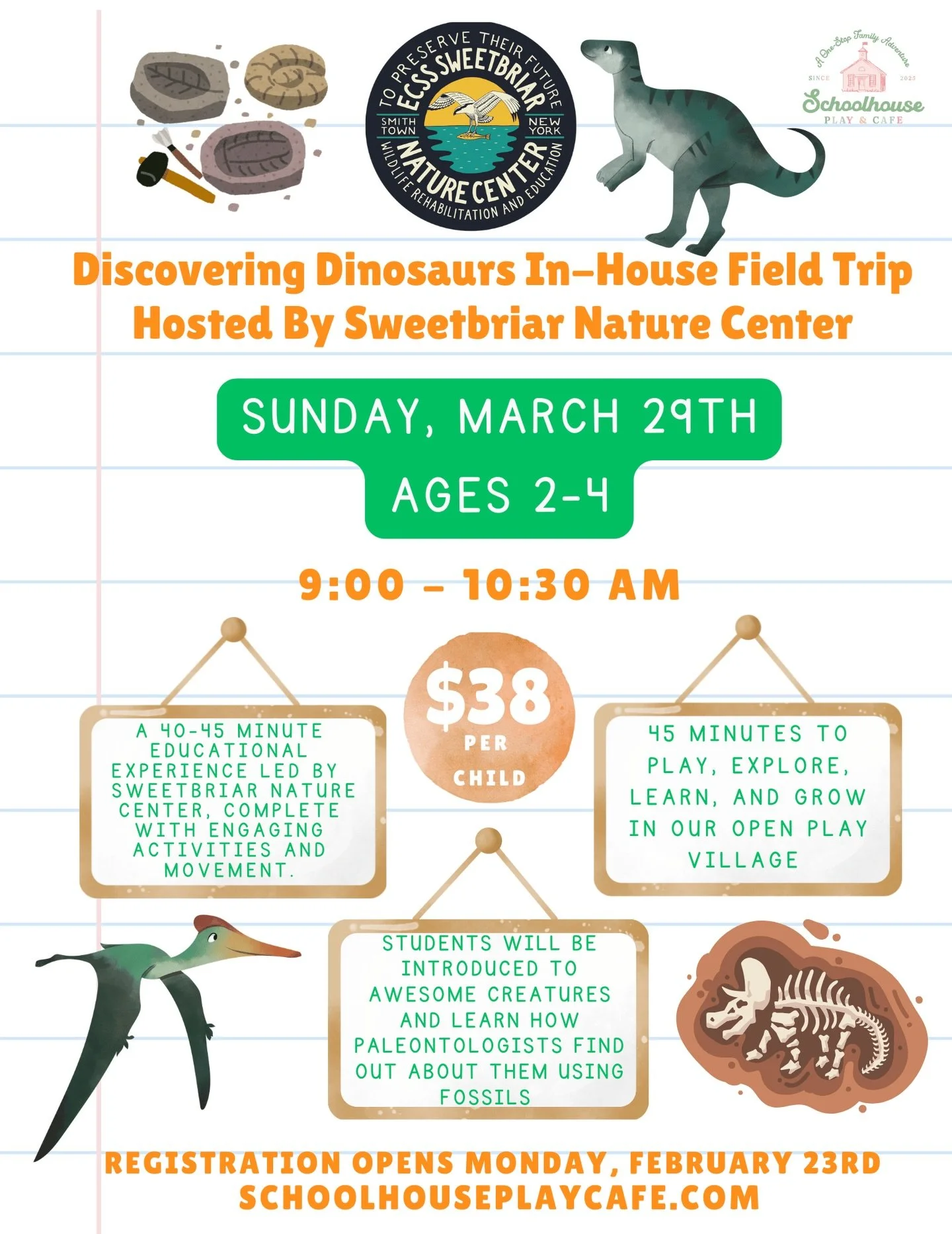 🦕✨ Discovering Dinosaurs is coming BACK to Schoolhouse!
We are so excited to welcome Sweetbriar Nature Center for a hands-on, in-house field trip experience designed just for our littlest learners.
🗓 Sunday, March 29th
⏰ 9:00&ndash;10:30 AM
👧 Ages