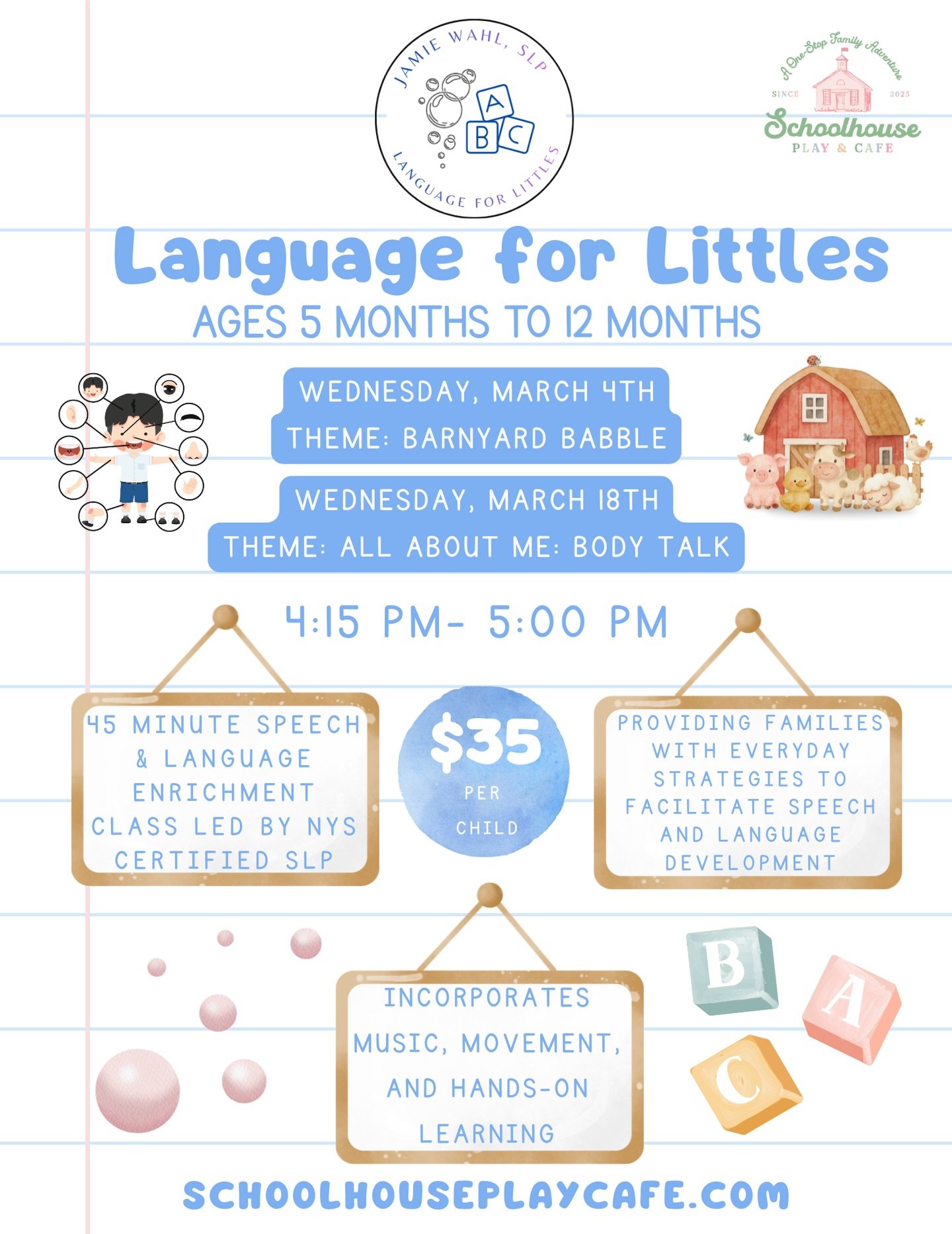 Language for Littles (Ages 5&ndash;12 Months) 💙
Our tiniest learners are invited to join us for Language for Littles led by a NYS Certified SLP 🤍
🗓 Wednesday, March 4th &ndash; Barnyard Babble
🗓 Wednesday, March 18th &ndash; All About Me: Body Ta