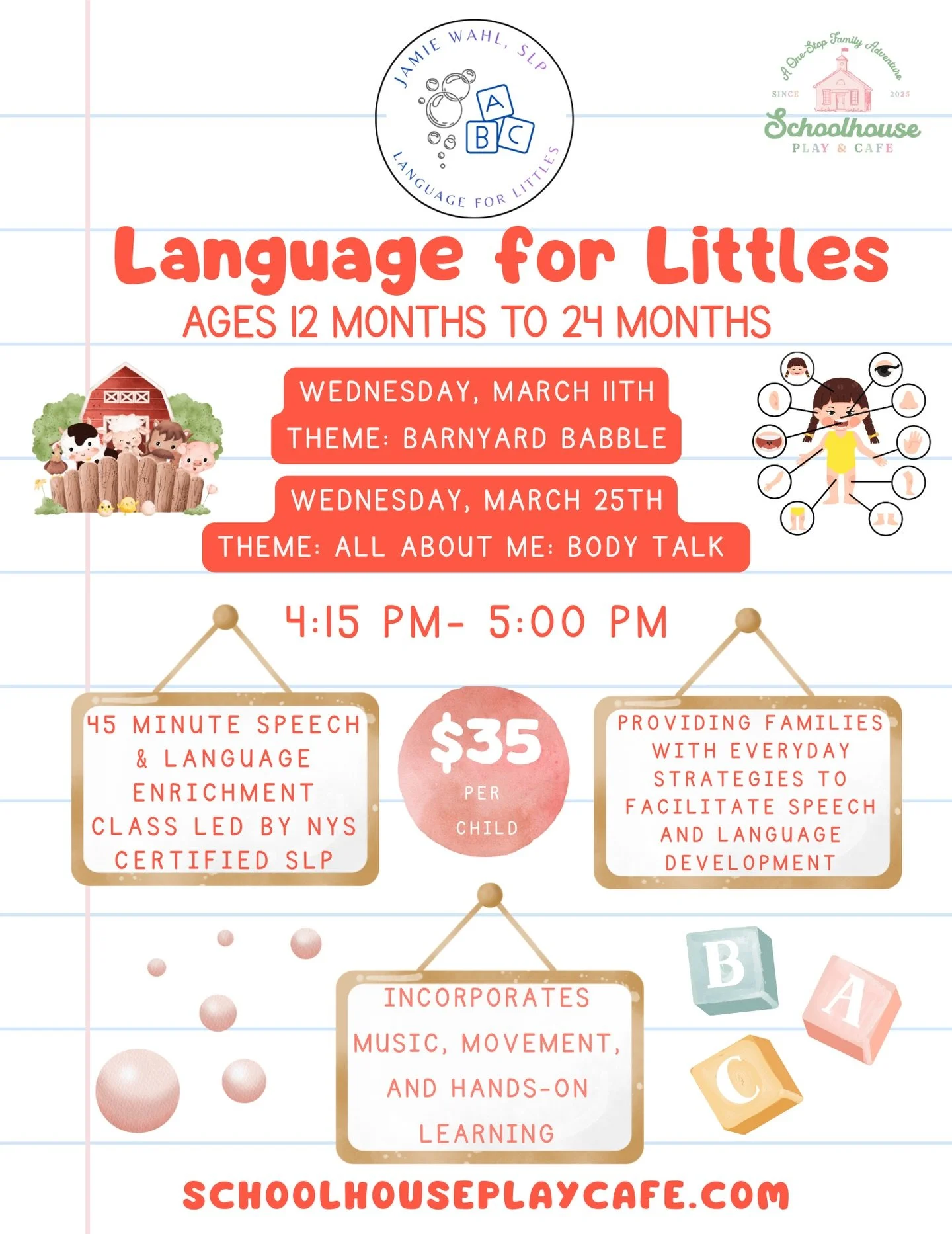 Language is blooming 🌷🗣️ and we are so excited to welcome our littlest learners to Language for Littles with Jamie Wahl, SLP!
Designed especially for ages 12&ndash;24 months, this 45-minute speech &amp; language enrichment class supports early comm