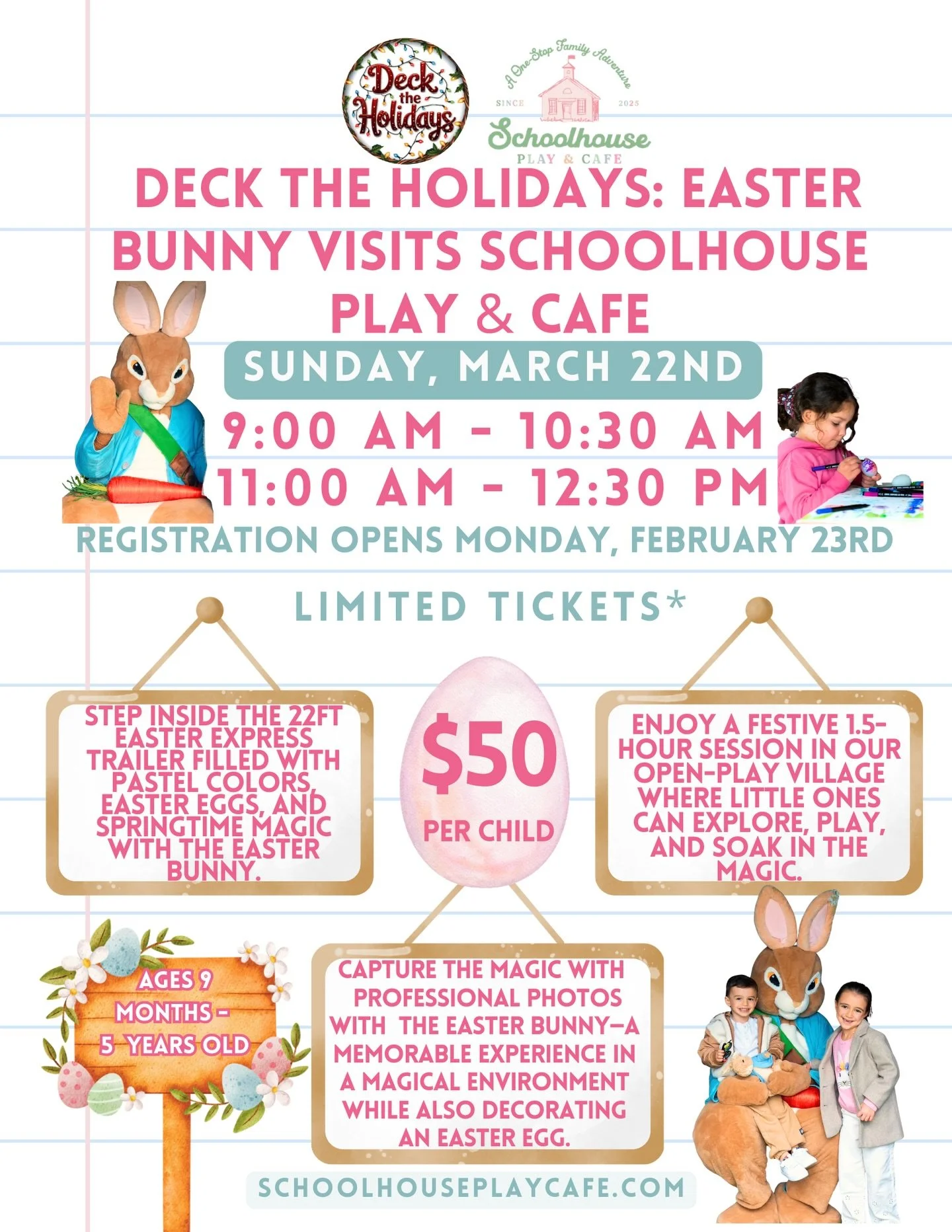 🐰🌸 Deck the Holidays: Easter Bunny Visits Schoolhouse Play &amp; Caf&eacute; 🌸🐰
In collaboration with @DeckTheHolidays, we&rsquo;re bringing spring magic to Schoolhouse &mdash; and it&rsquo;s going to be so special ✨
🗓 Sunday, March 22nd
⏰ Two s