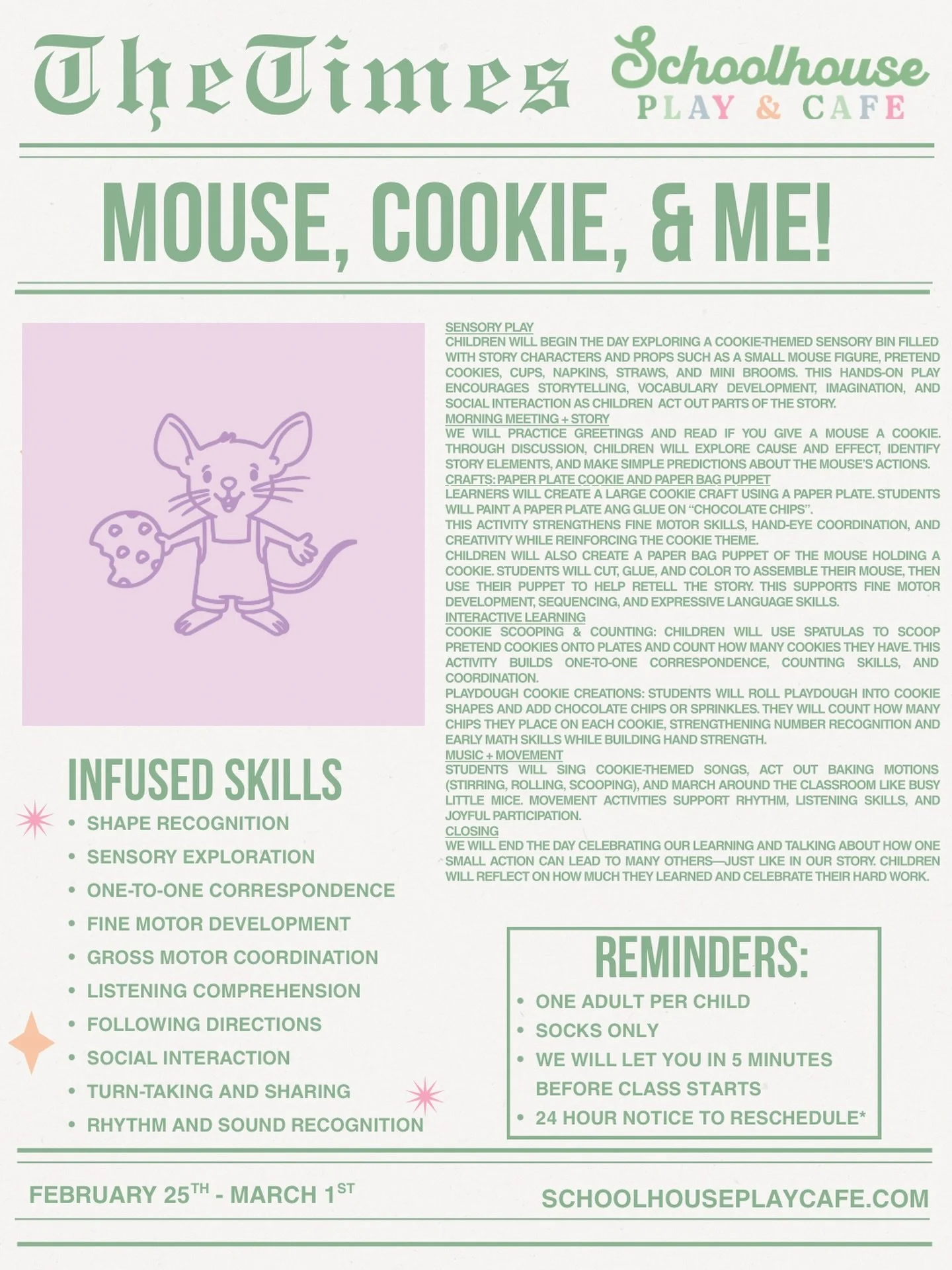 🍪🐭 Mouse, Cookie, &amp; Me! 🐭🍪
Join us at Schoolhouse Play &amp; Cafe for a sweet week of storybook fun inspired by If You Give a Mouse a Cookie!
Your little learner will:
✨ Explore a cookie-themed sensory bin
📖 Practice storytelling &amp; seque