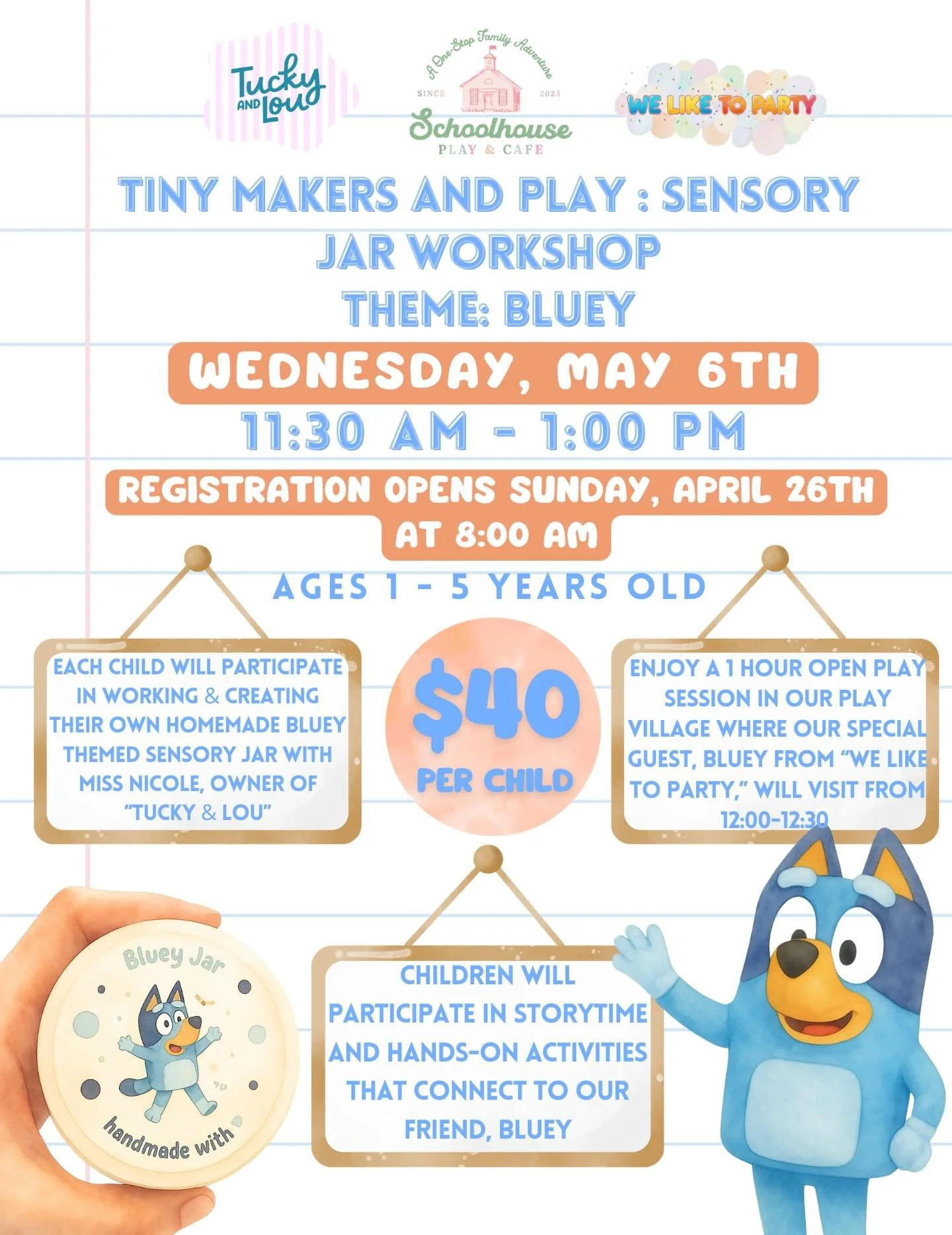A little creativity, a lot of play, and a special visitor your little one will never forget 💙✨

Our Tiny Makers &amp; Play: Sensory Jar Workshop (Bluey Theme) is almost here&mdash;and it&rsquo;s going to be such a magical morning at Schoolhouse 🫶🏼