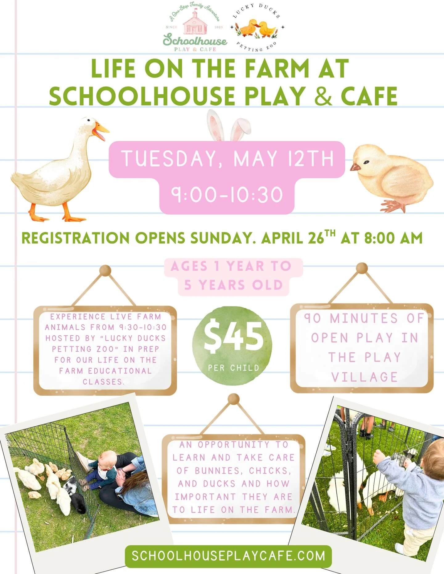 Life on the farm is coming to Schoolhouse&hellip; and we&rsquo;re getting your little ones ready in the sweetest way 🌾🐣

Join us for a special Life on the Farm experience where children will:
🦆 Meet and interact with real farm animals with Lucky D