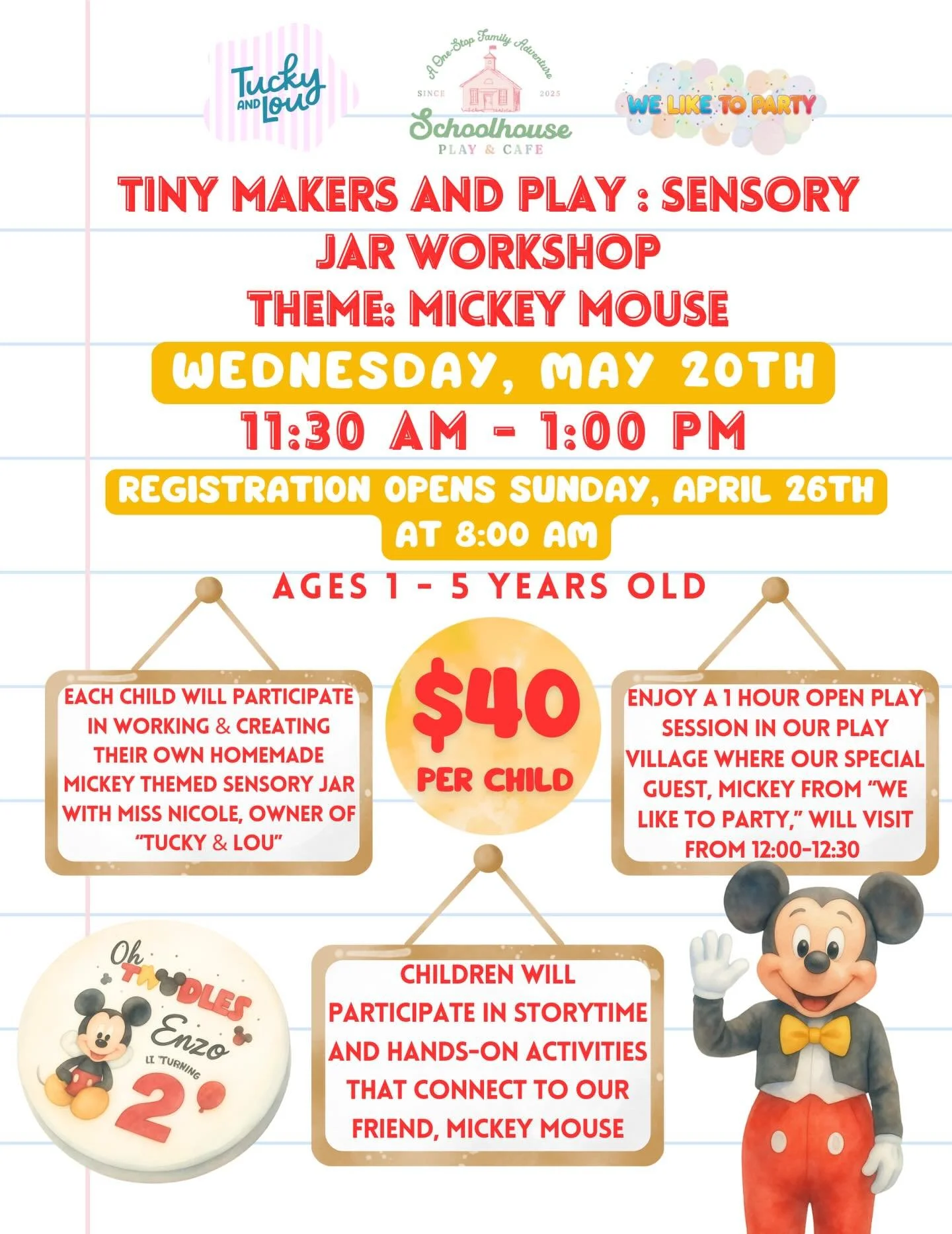We just had to add one more extra special theme&hellip; because some classics deserve their moment 🤍🐭✨

Our Mickey Mouse Tiny Makers &amp; Play: Sensory Jar Workshop is officially here and we are SO excited for this one!

🗓 Wednesday, May 20th
⏰ 1
