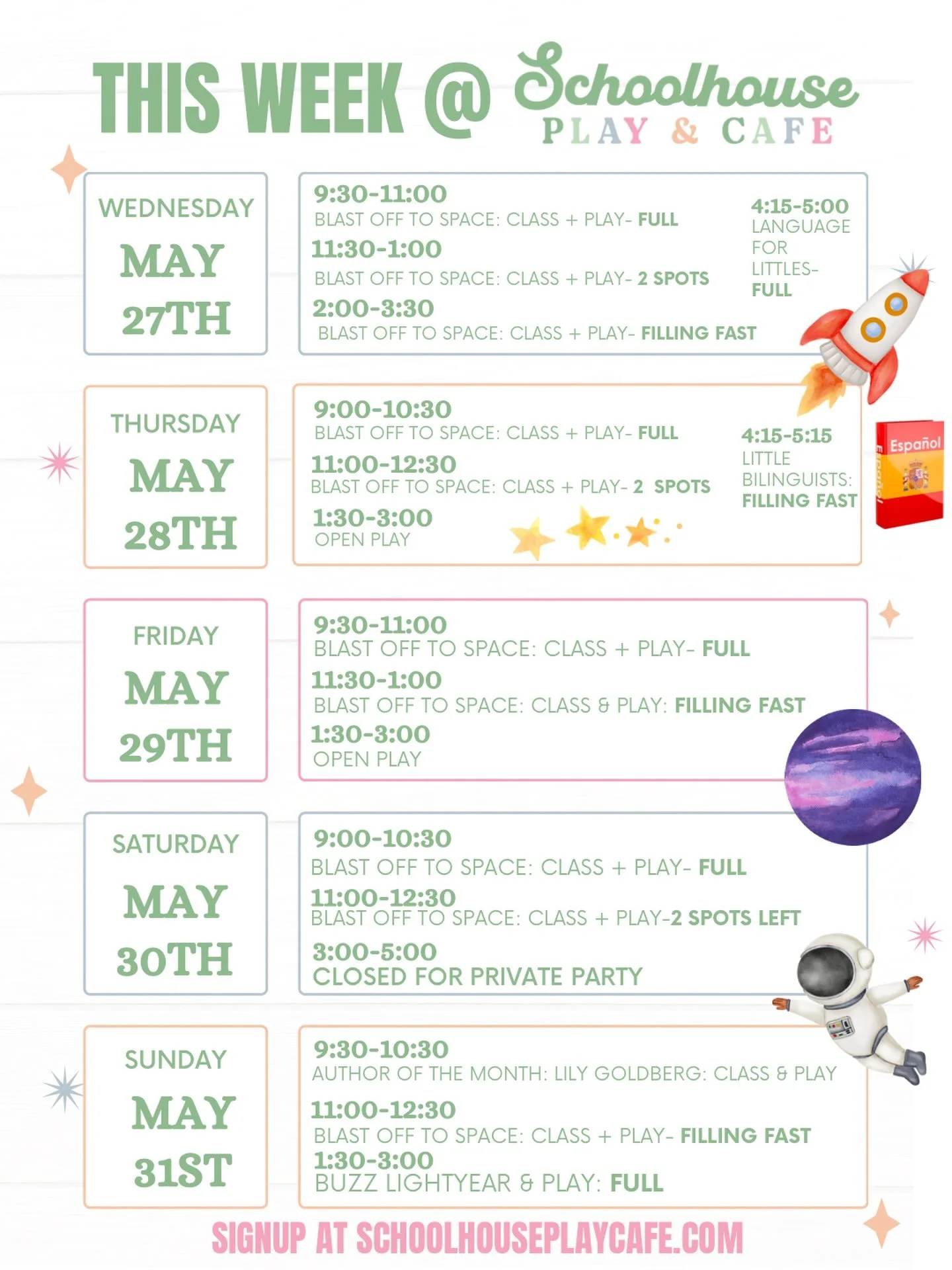 🚀 THIS WEEK AT SCHOOLHOUSE 🚀
Our Blast Off to Space week is in full swing and we can&rsquo;t wait for another week of learning, play, imagination, and memory-making with your little ones! 🌎✨ From space-themed sensory fun to music, crafts, stories,