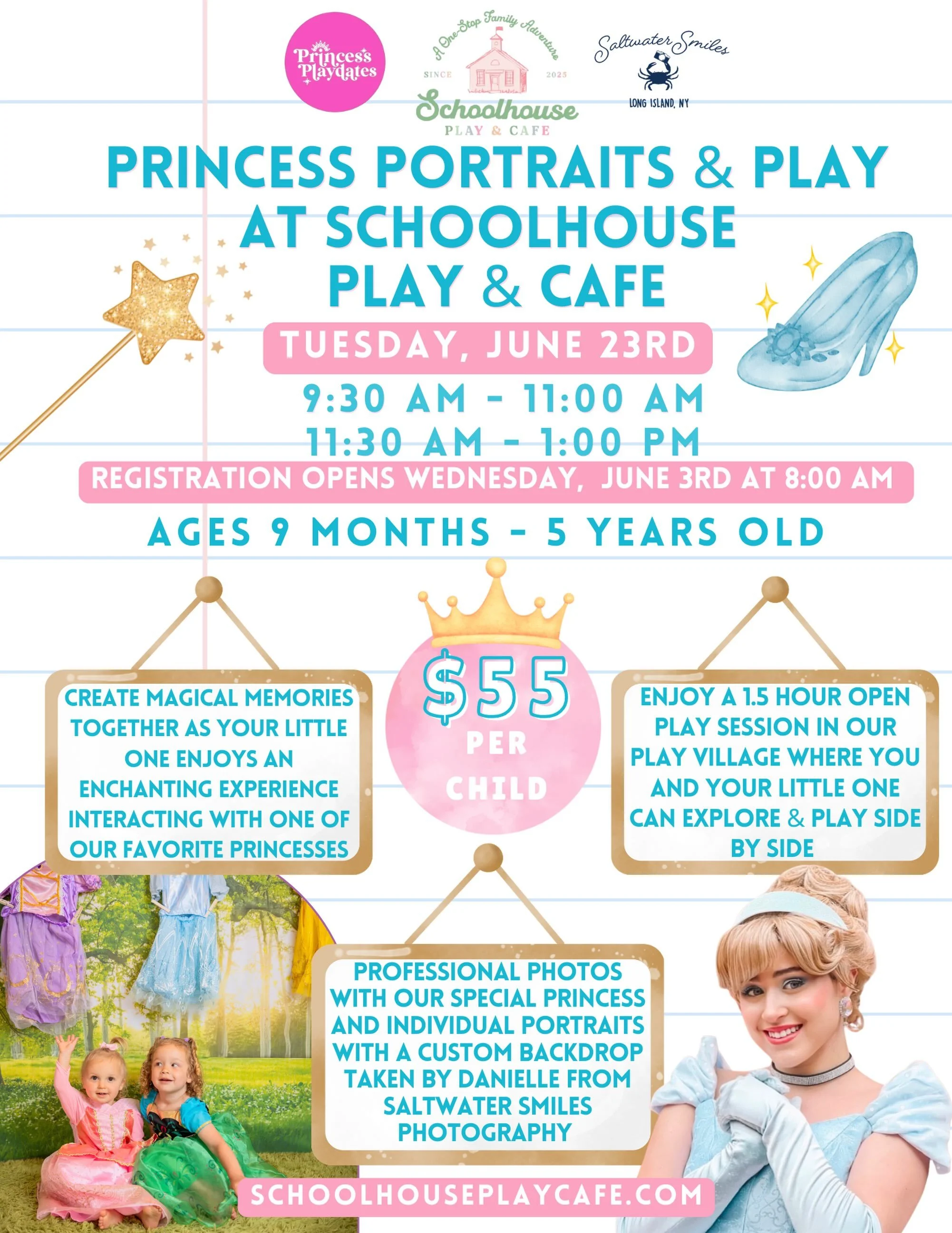 👑✨ PRINCESS PORTRAITS &amp; PLAY ✨👑

Calling all little princesses! ✨ Step into a magical morning at Schoolhouse Play &amp; Cafe filled with enchanting memories, open play, and professional princess portraits!

This dreamy experience includes:
👑 M