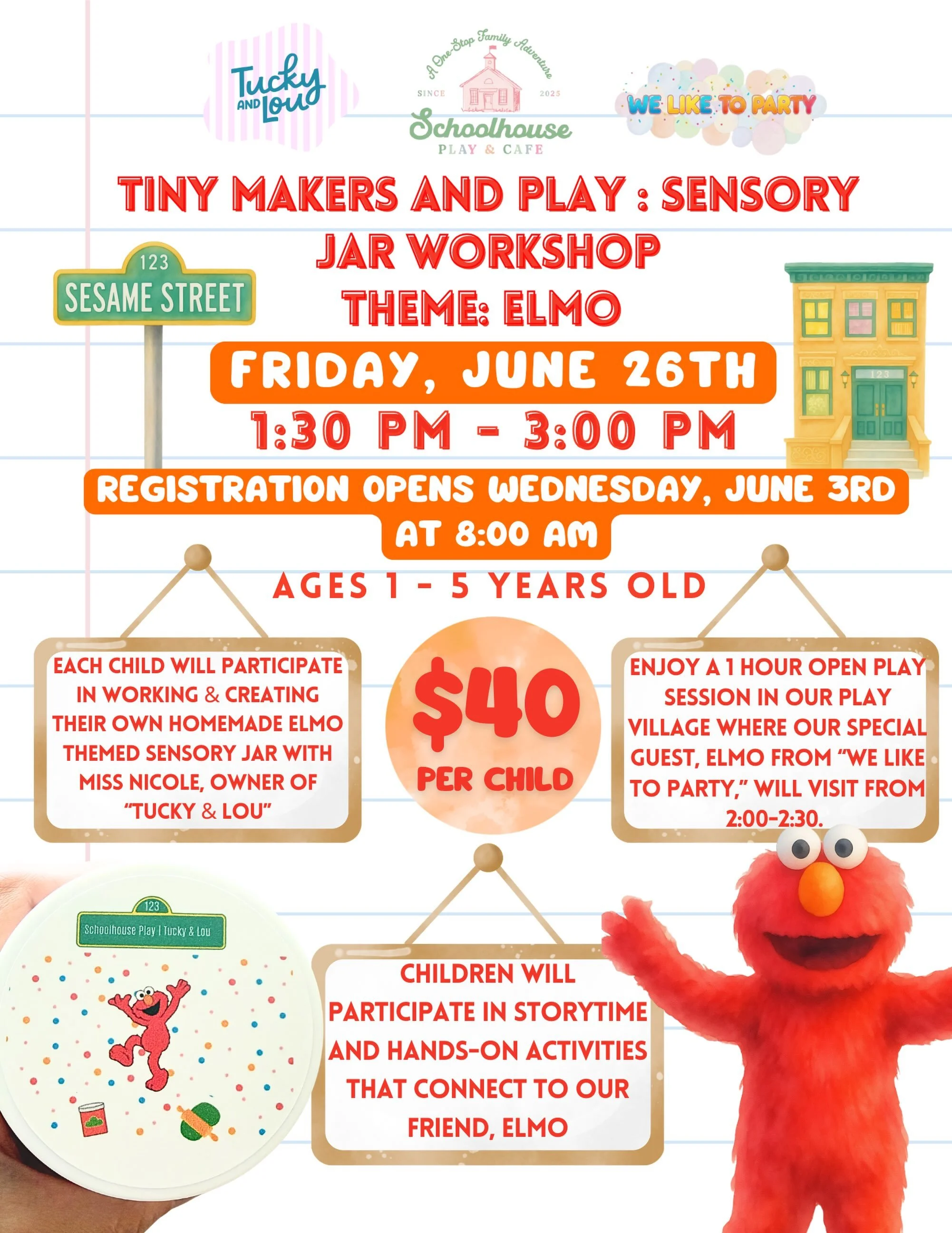 🧡❤️ ELMO IS COMING TO SCHOOLHOUSE! ❤️🧡

Get ready for a very special Tiny Makers &amp; Play: Sensory Jar Workshop featuring everyone&rsquo;s favorite furry red friend, Elmo!
📅 Friday, June 26th
⏰ 1:30 PM &ndash; 3:00 PM
👶 Ages 1&ndash;5
💲 40 per