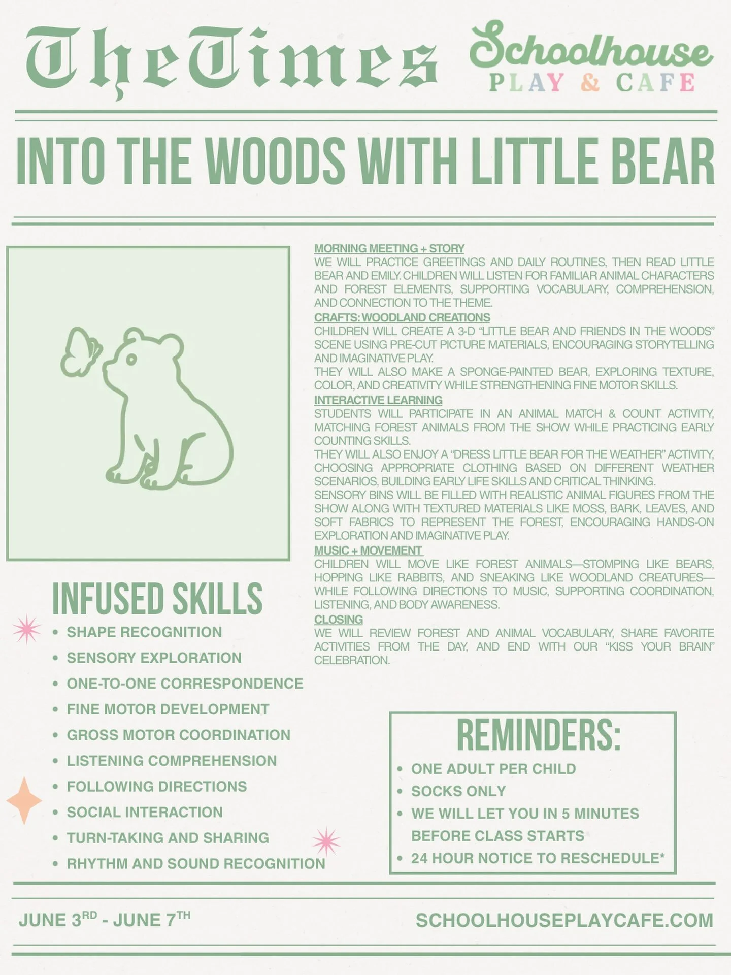 🌲🐻 Into the Woods with Little Bear🐻🌲

Join us this week as we step into the world of Little Bear through stories, sensory play, movement, crafts, and hands-on learning! Little learners will explore forest animals, practice early counting and matc