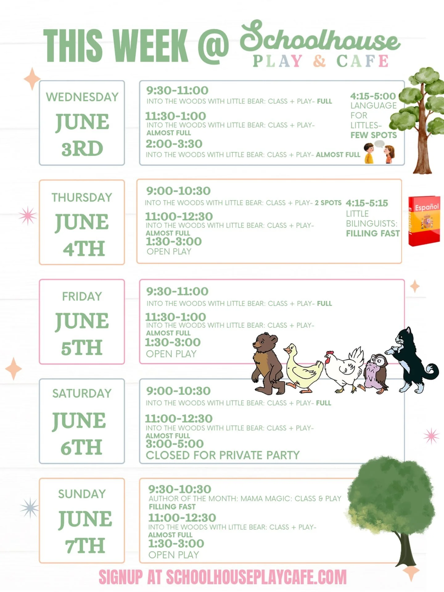 🌲🐻 A week full of stories, learning, imagination, and play at Schoolhouse!✨

Our *Into the Woods with Little Bear* classes have quickly become a favorite, and many sessions this week are already **FULL** or **almost full**! Through beloved literatu