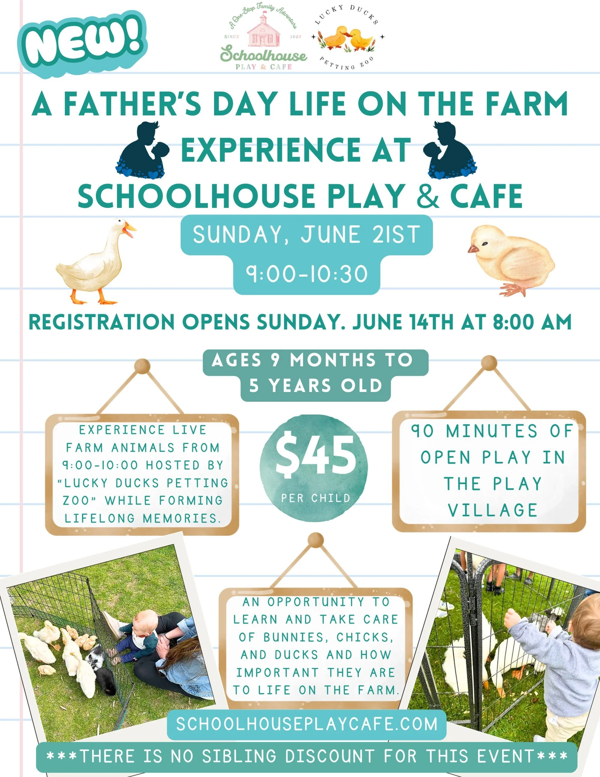🐥🌾 FATHER&rsquo;S DAY ON THE FARM 🌾🐥

Start Father&rsquo;s Day morning with an experience your little one&mdash;and Dad&mdash;will never forget!

Join us at Schoolhouse Play &amp; Caf&eacute; on Sunday, June 21st from 9:00&ndash;10:30 AM for a sp