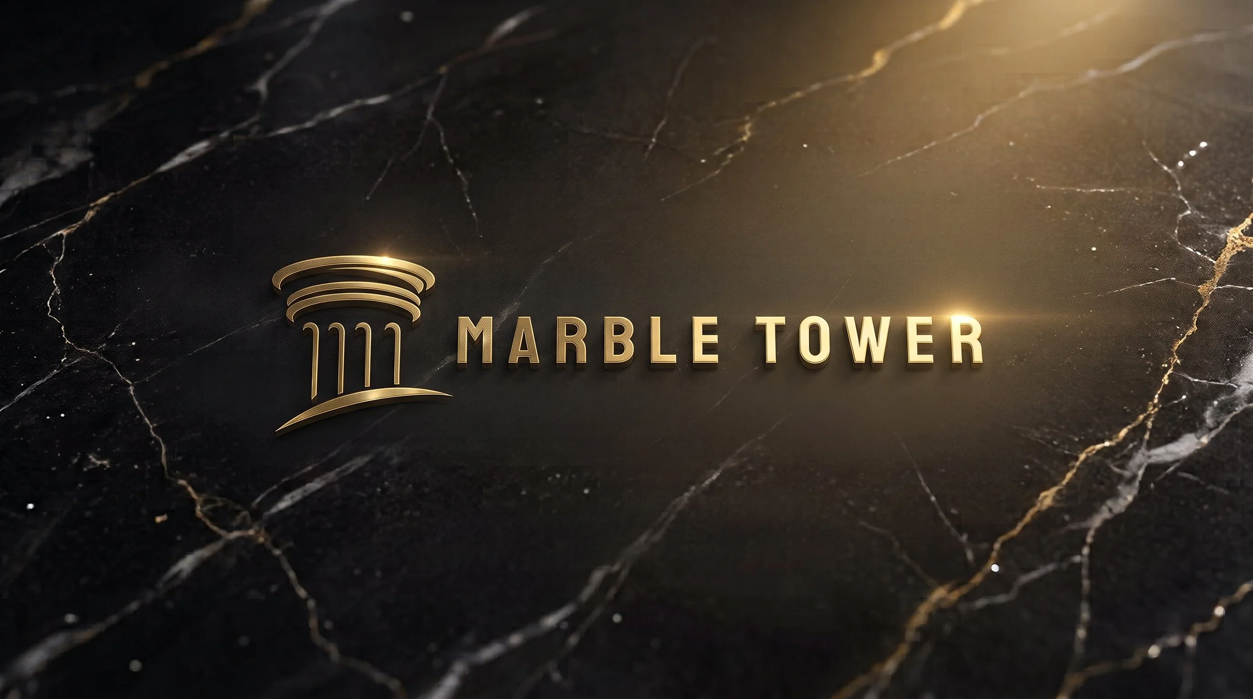 Gold logo and text reading 'Marble Tower' on a black marble surface.