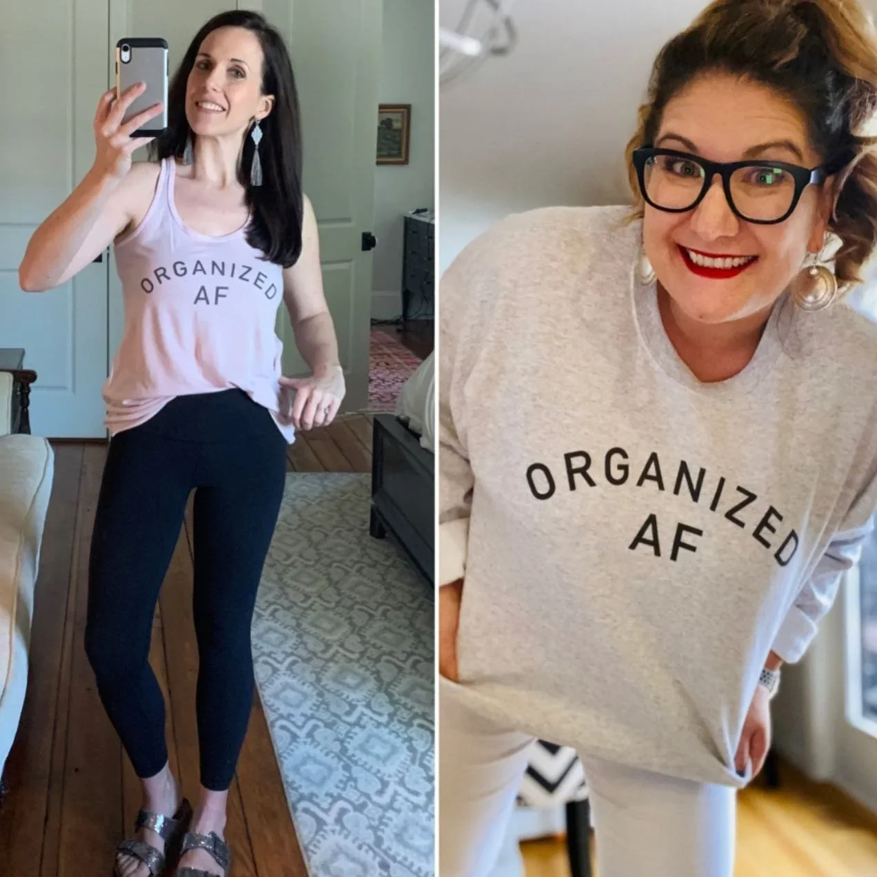 Split photo of Melissa Klug and a peer wearing Organized AF branded tank tops and sweatshirts.