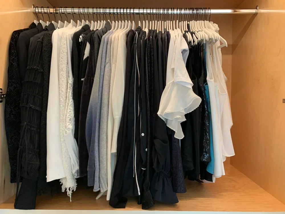 Professional closet organization by Sorted Spaces featuring color-coded black and white clothing on uniform hangers.