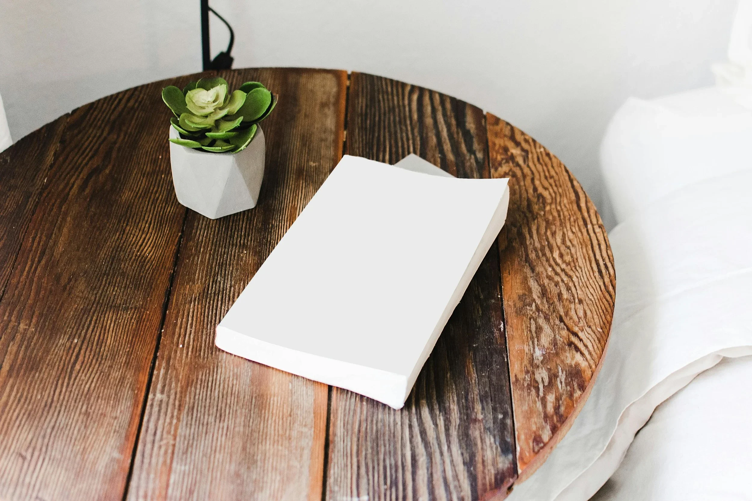 A white book and small succulent on a rustic wooden nightstand in an organized bedroom.