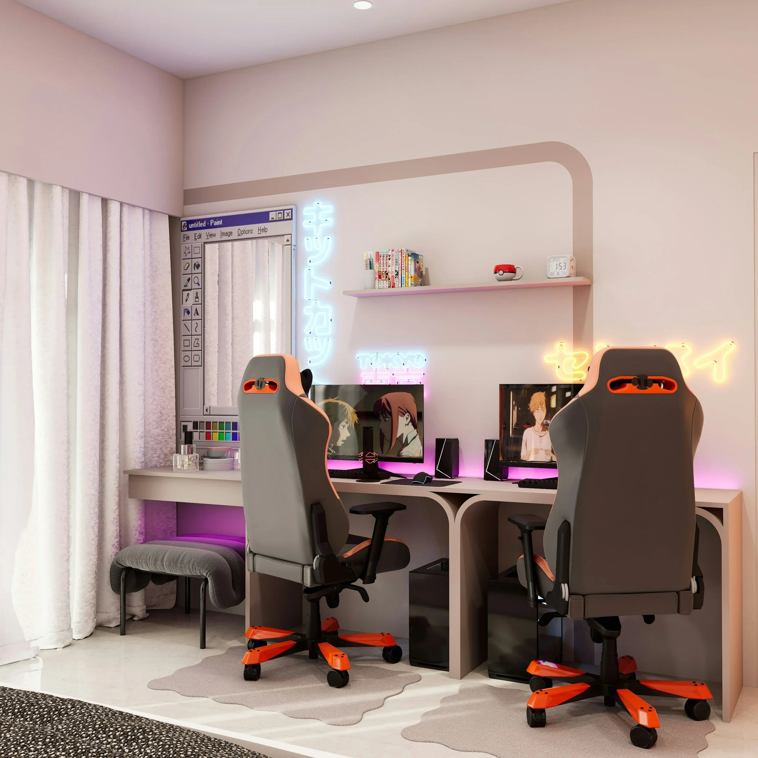 Professional gaming room organization by The Tidy Girl in Boston, featuring a custom dual-desk setup, gaming chairs, and vibrant neon lighting.