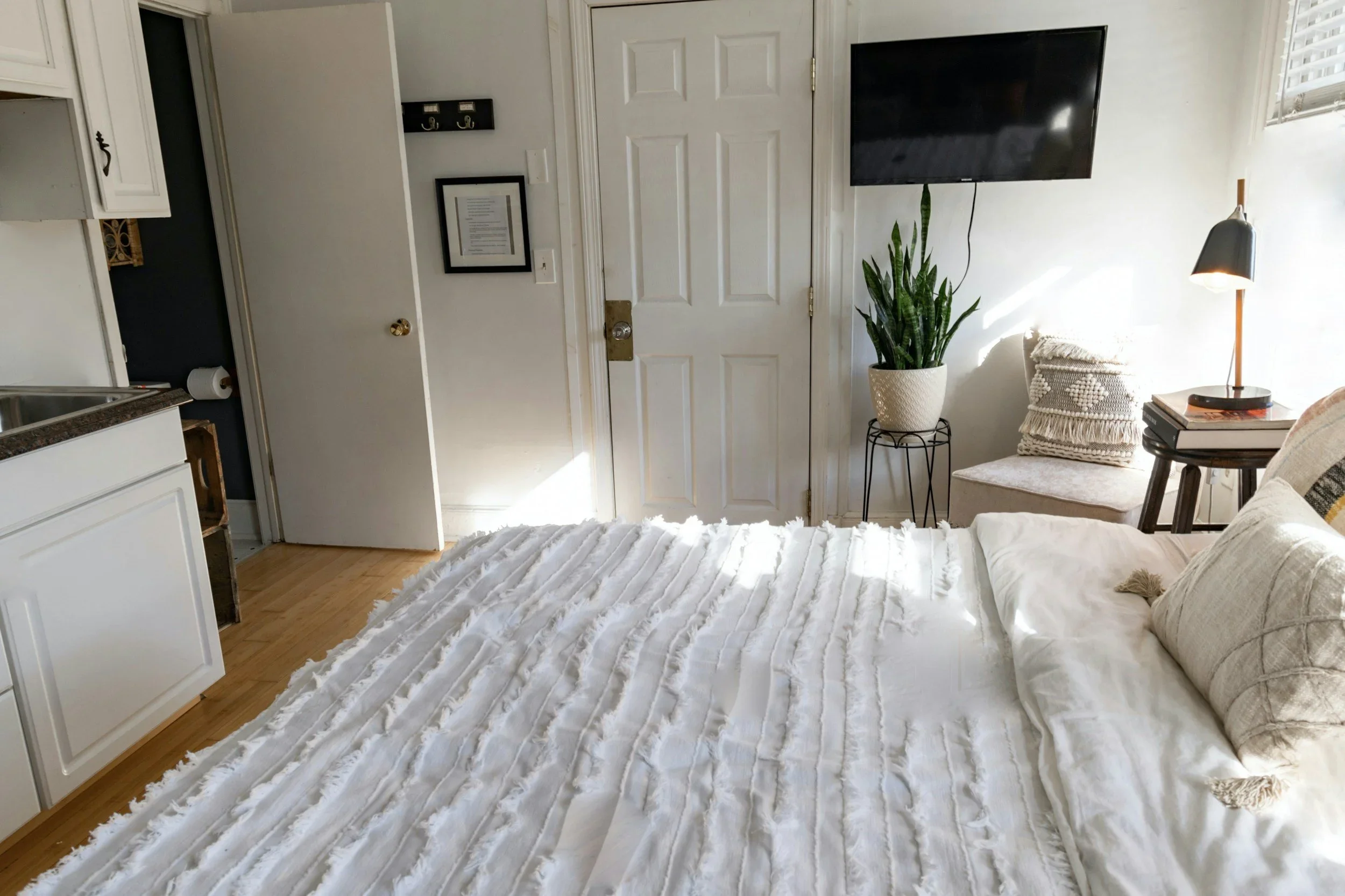 A bright, organized studio apartment featuring a white textured bedspread and a snake plant.